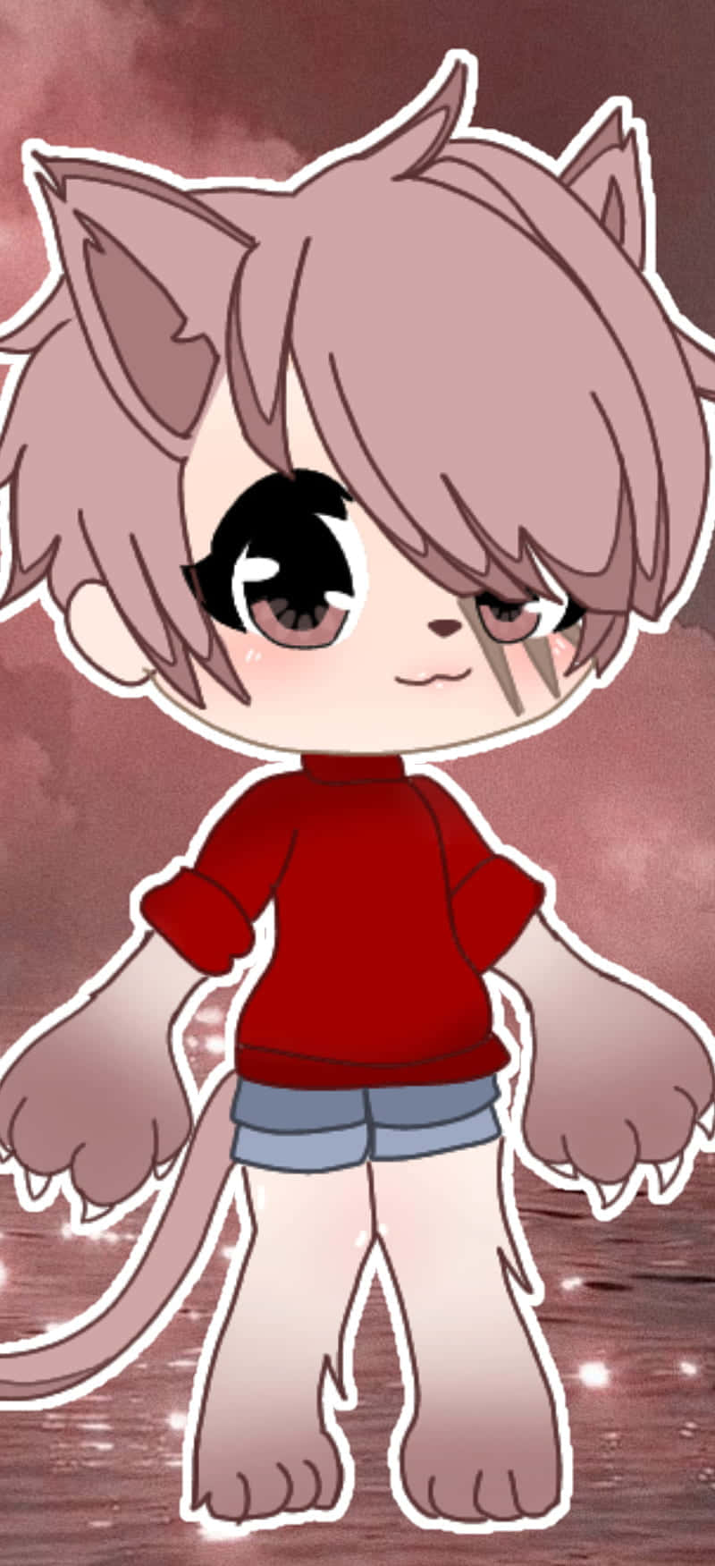 Cute Gacha Life Boy 桌布 壁紙 — 一隻Q版風格、粉紅色頭髮、穿著紅色襯衫的擬人化貓咪，站在發光的粉紫色天空前。