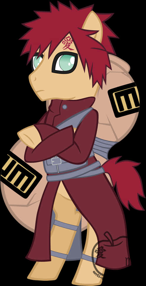 Gaara Naruto Anime 桌布 壁紙 — 一隻Q版風格的小馬，擁有紅色刺蝟頭和綠色眼睛，穿著帶有漢字標記的栗色忍者服，並攜帶一個大卷軸。
