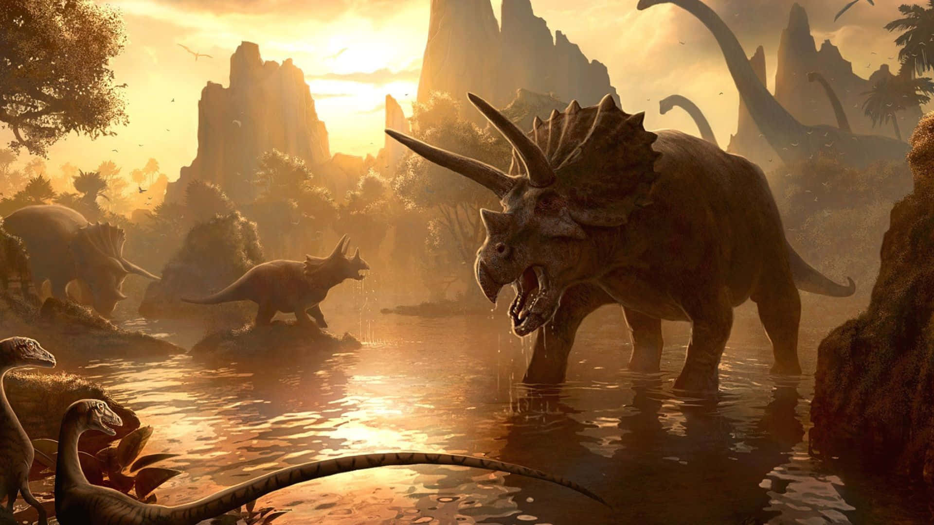 3d Dinosaur 桌布 壁紙 — 一隻三角龍在金色夕陽的河流中咆哮，其他恐龍在霧氣瀰漫的史前山谷中漫步。