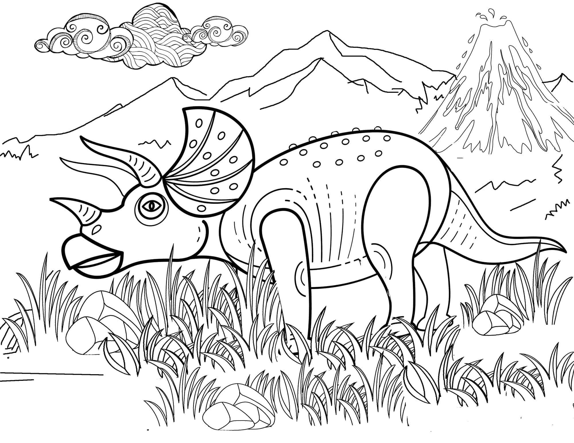 Dinosaur Coloring 桌布 壁紙 — 一隻三角龍站在草地上，背景有山脈和火山。