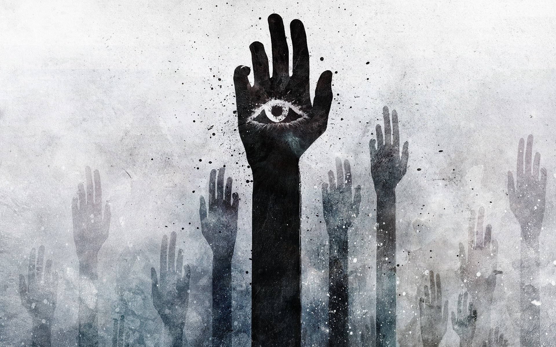 Evil Eye 桌布 壁紙 — 一隻中央的手帶有全視之眼，在粗糙紋理背景上從許多其他手中升起。