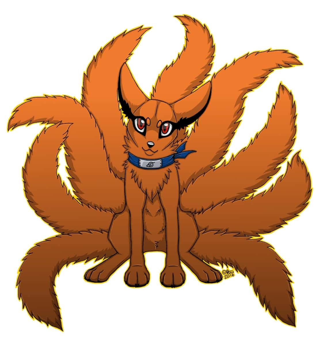 Baby Kurama 桌布 壁紙 — 一隻九尾橙色狐狸，紅眼睛，戴著藍色項圈，靜靜地坐在純白色背景前。