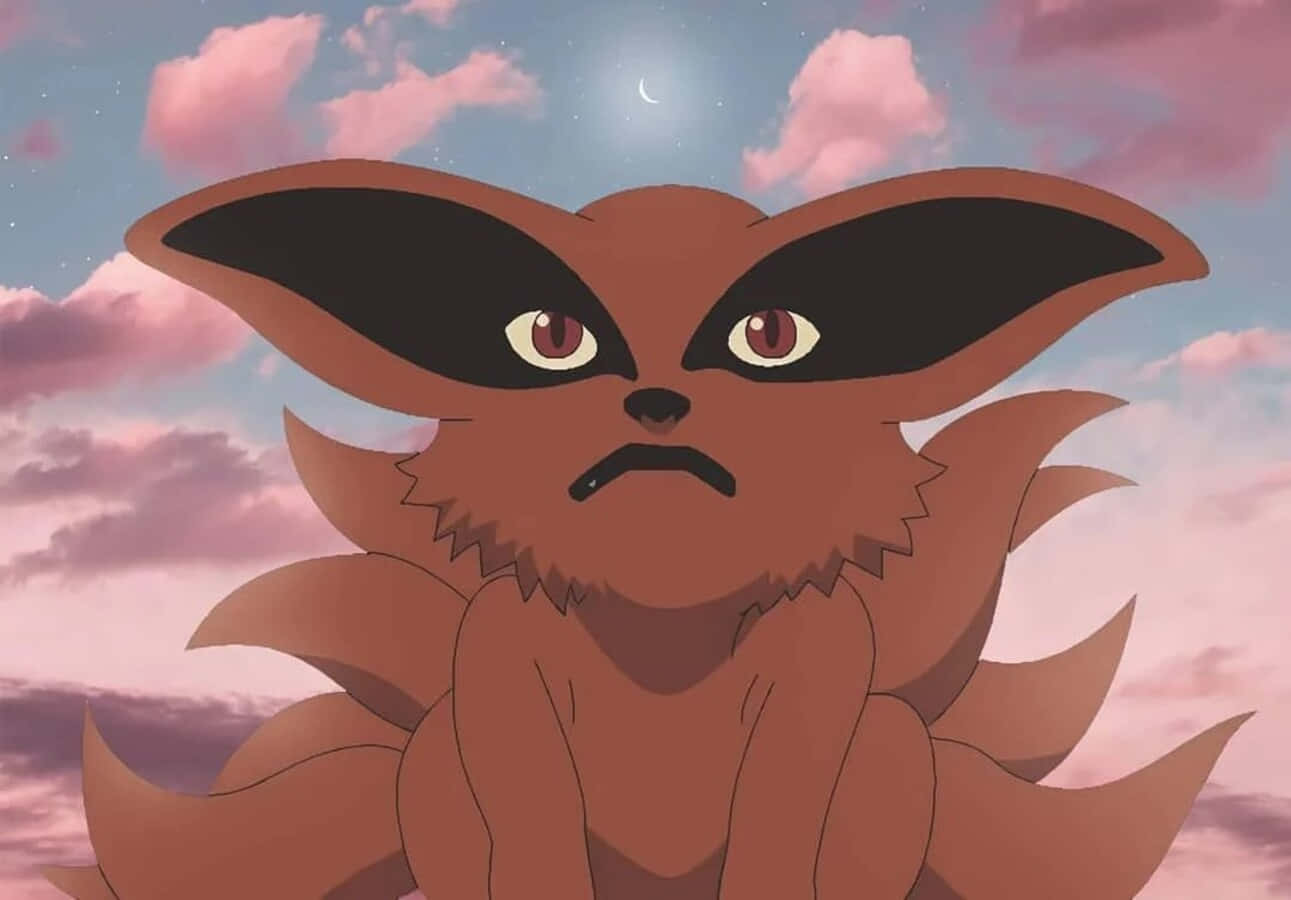 Baby Kurama 桌布 壁紙 — 一隻九尾狐帶著憤怒的紅色眼睛，凝視著帶有新月和粉紅色雲彩的天空。