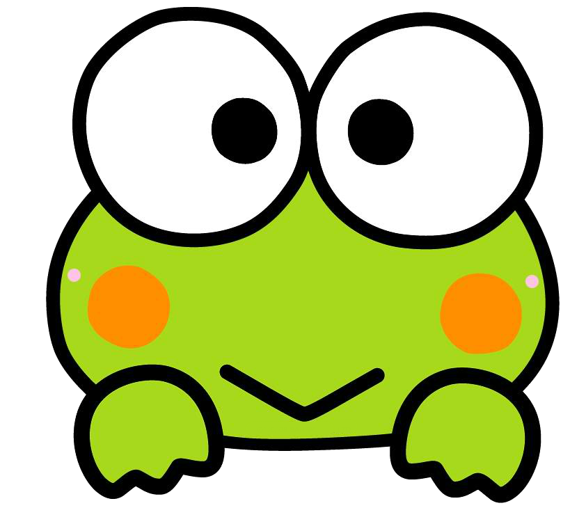 Cute Frog 桌布 壁紙 — 一隻亮綠色卡通青蛙，有著超大白眼睛和橙色臉頰，在黑色背景上微笑。