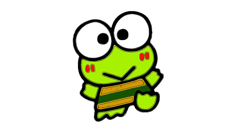 Cute Frog 桌布 壁紙 — 一隻亮綠色卡通青蛙，有著超大眼睛和棕色腰帶，站在純白色背景前。