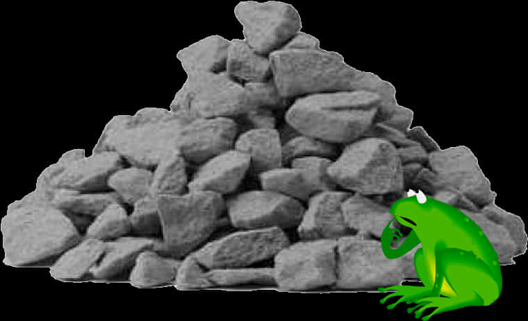 The Rock 桌布 壁紙 — 一隻亮綠色卡通青蛙坐在黑色背景前的一堆灰階粗糙石頭旁邊。