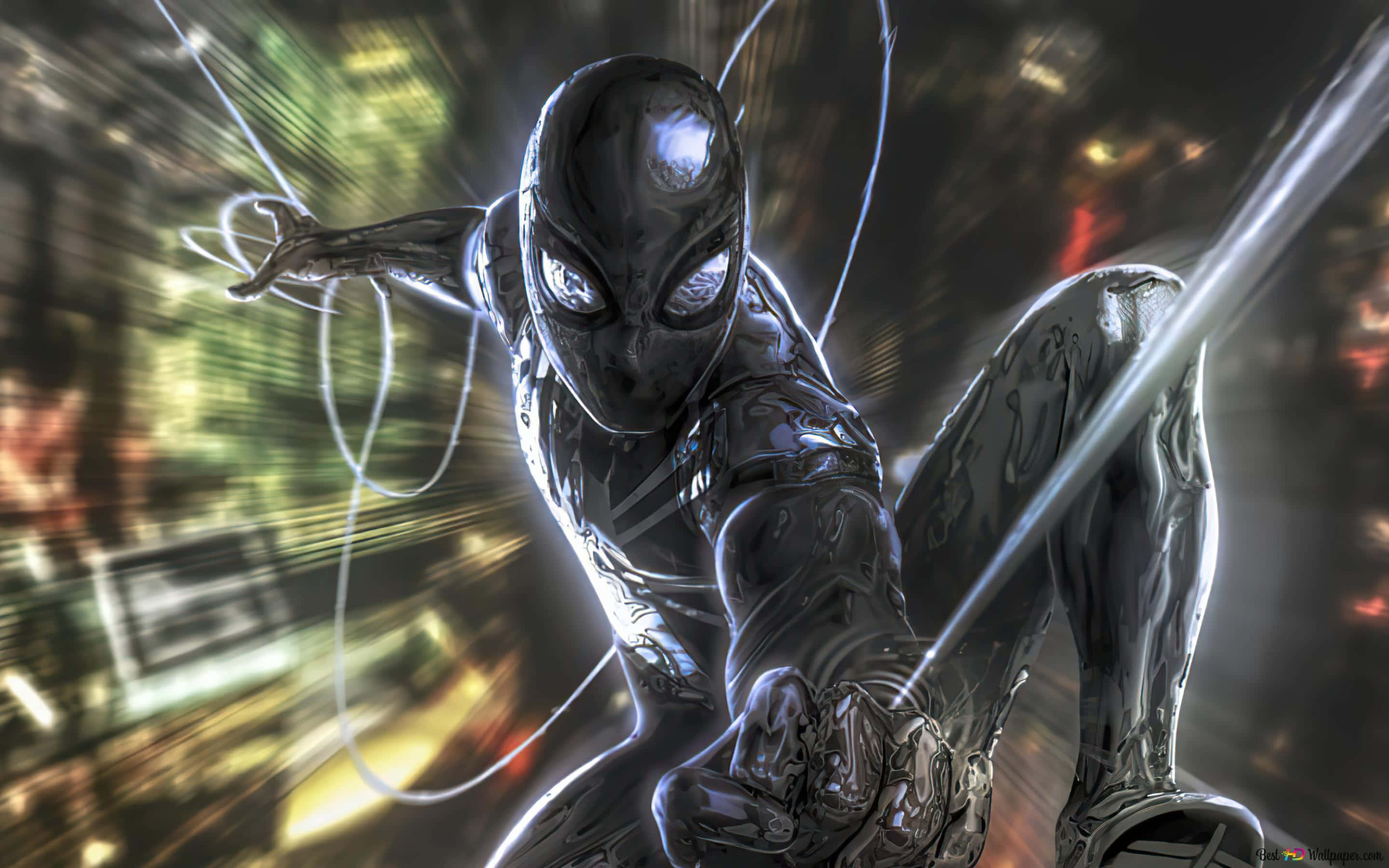 Symbiote 桌布 壁紙 — 一隻亮面黑色蜘蛛人跳過霓虹燈照亮的城市景觀，蜘蛛網線條以動態模糊的方式掠過。
