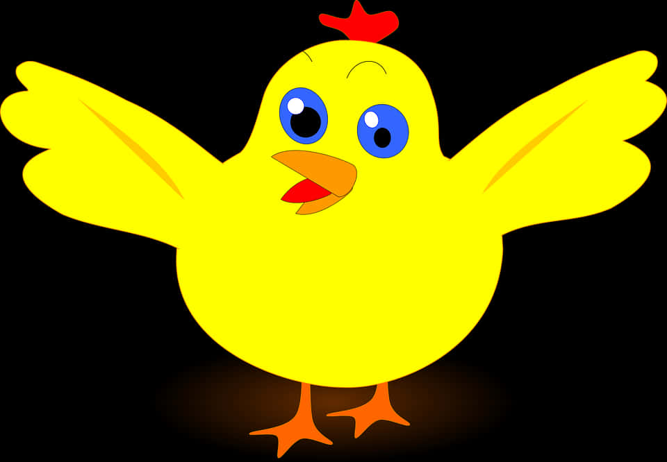 Clip Art 桌布 壁紙 — 一隻亮黃色卡通小雞，藍色眼睛，紅色雞冠，在黑色背景上張開翅膀站立。