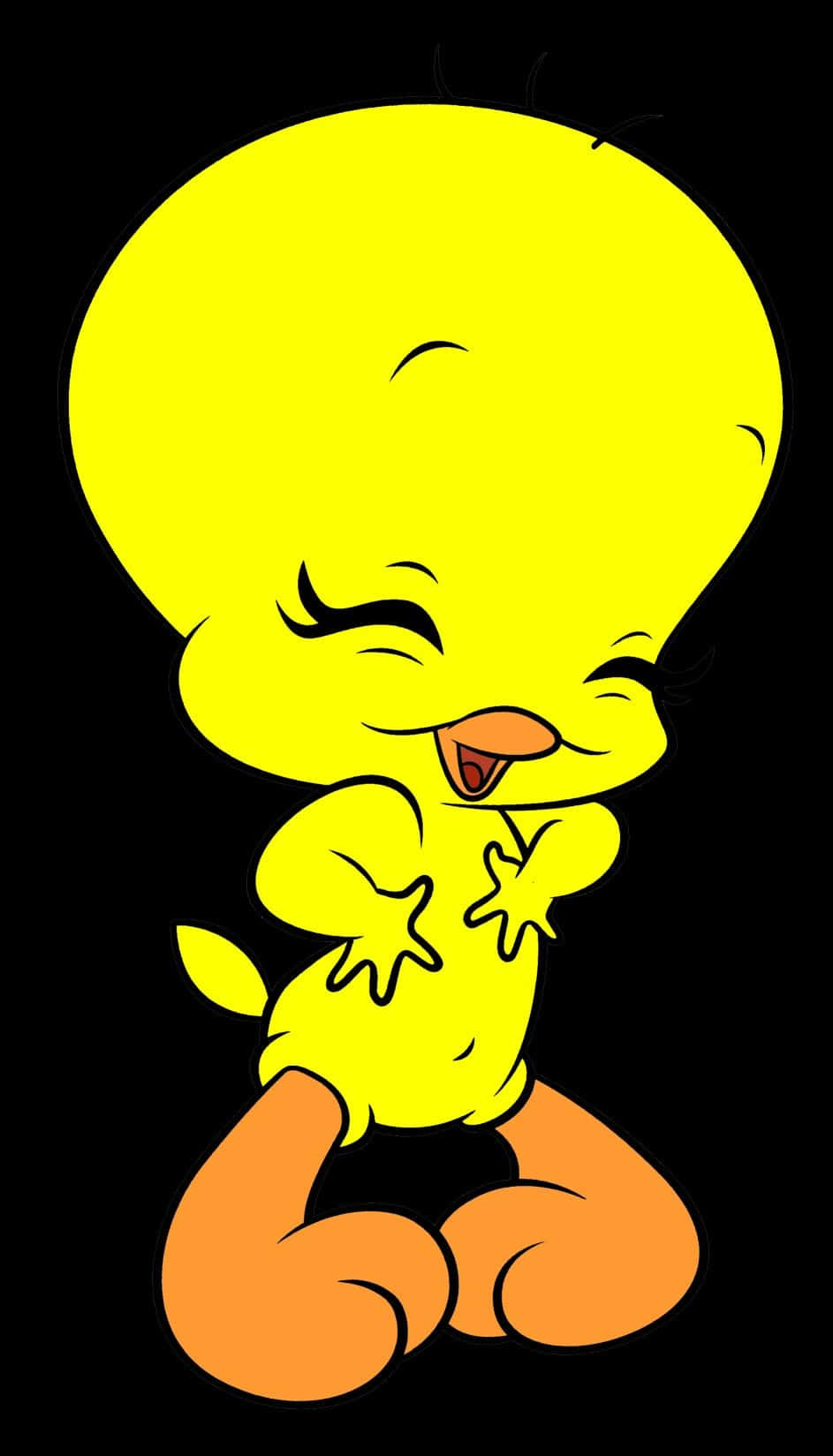 Tweety Bird 桌布 壁紙 — 一隻亮黃色的卡通小雞在黑色背景下閉著眼睛，用星形手開心大笑。