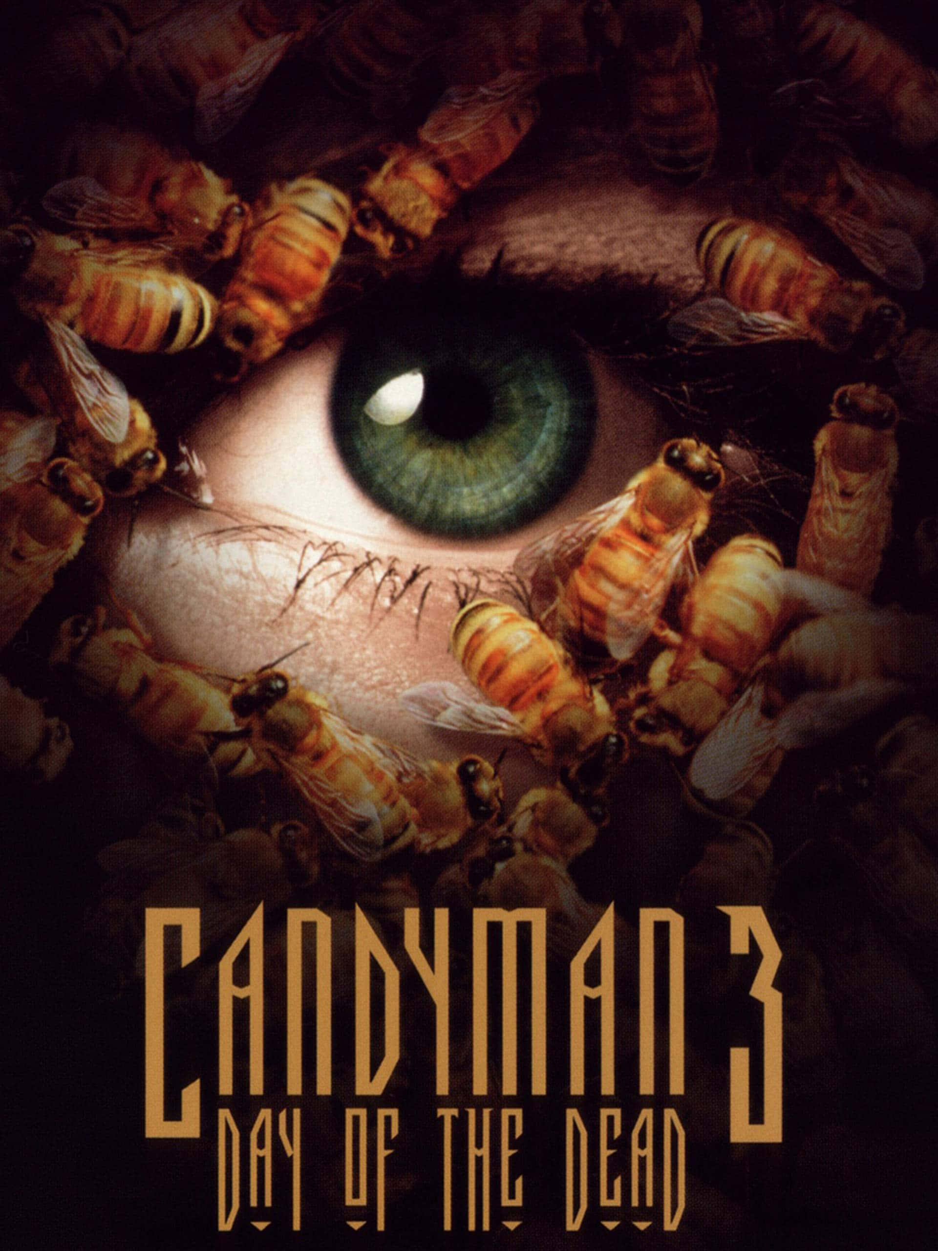 Candyman 桌布 壁紙 — 一隻人眼被蜂群包圍，綠色虹膜和深色瞳孔，黑色背景。
