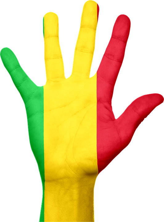 Mali 桌布 壁紙 — 一隻人類的手，在黑色背景上繪有塞內加爾國旗的垂直綠色、黃色和紅色條紋。