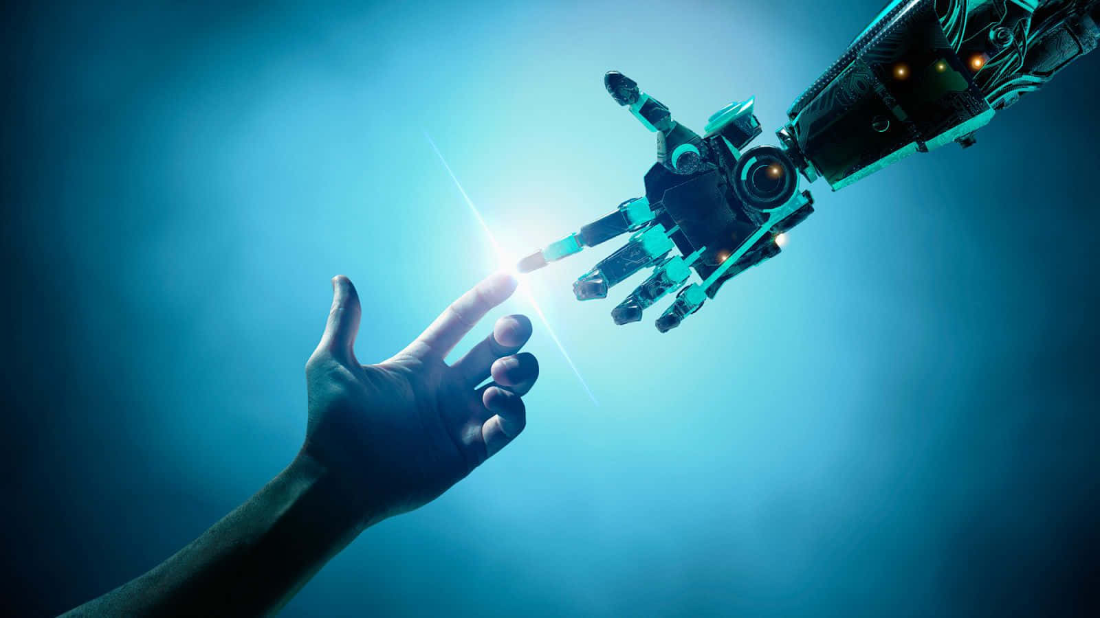 人類的手伸向發出明亮光芒的機械手。 — 科技動圖 壁紙