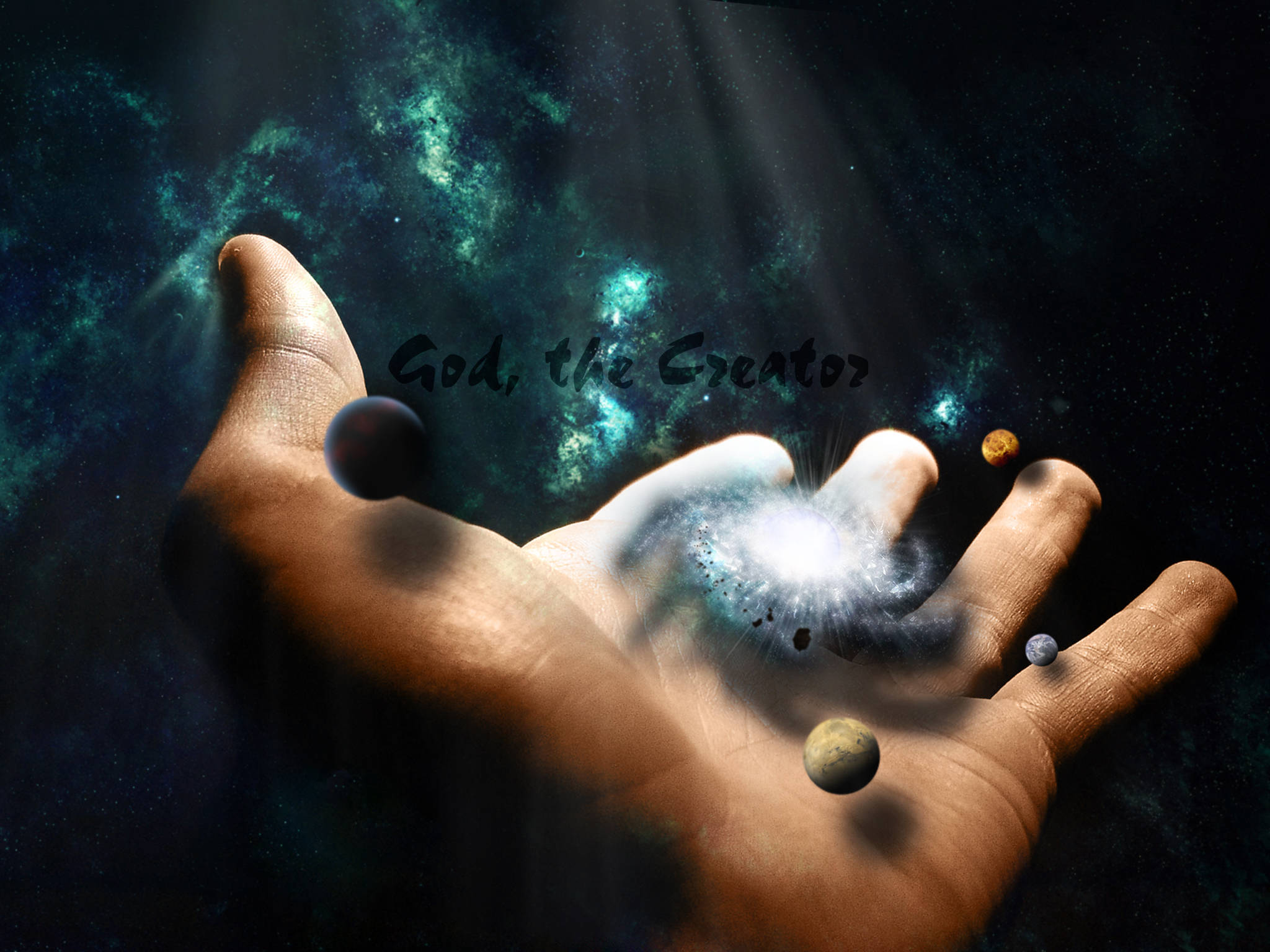 宇宙 桌布 壁紙 — 一隻人類的手捧著一個發光的宇宙星雲，周圍漂浮著行星，背景是星光閃爍的青色和黑色太空。