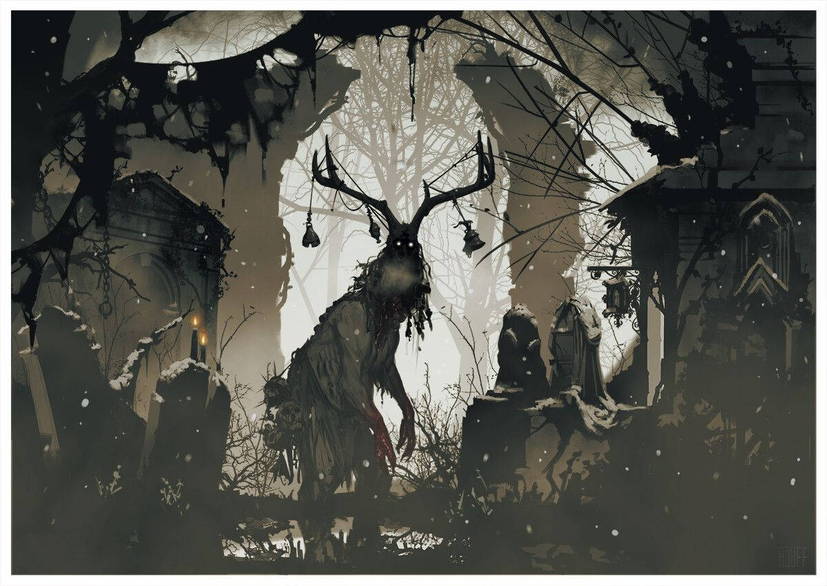 Wendigo 桌布 壁紙 — 一隻令人毛骨悚然的雄鹿，眼睛發光，掛著鈴鐺，站在白雪覆蓋的墓地中，上方是扭曲的禿樹冠蓋。