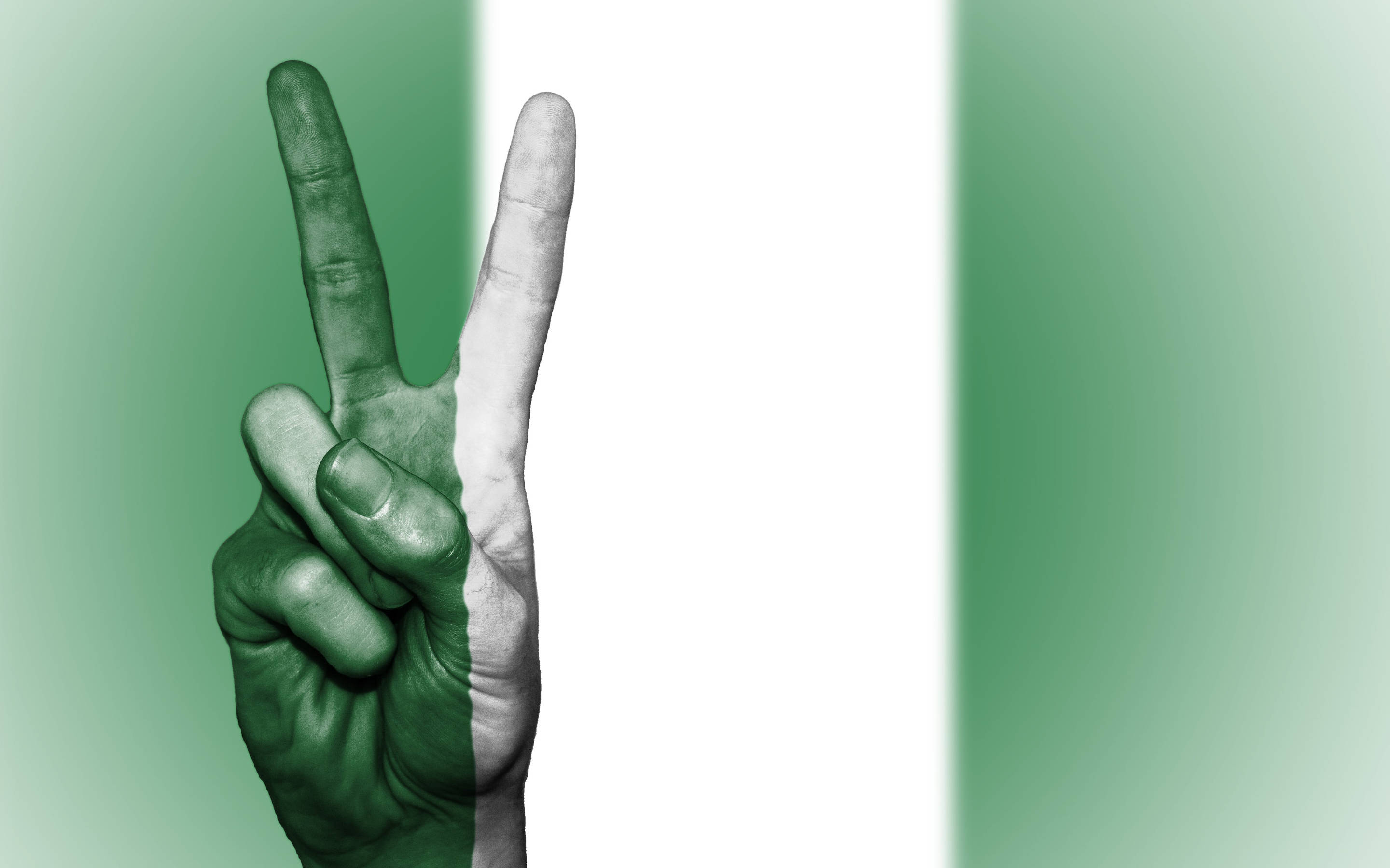Nigeria 桌布 壁紙 — 一隻以奈及利亞綠白綠國旗塗繪的手，在漸變背景前做出和平手勢。