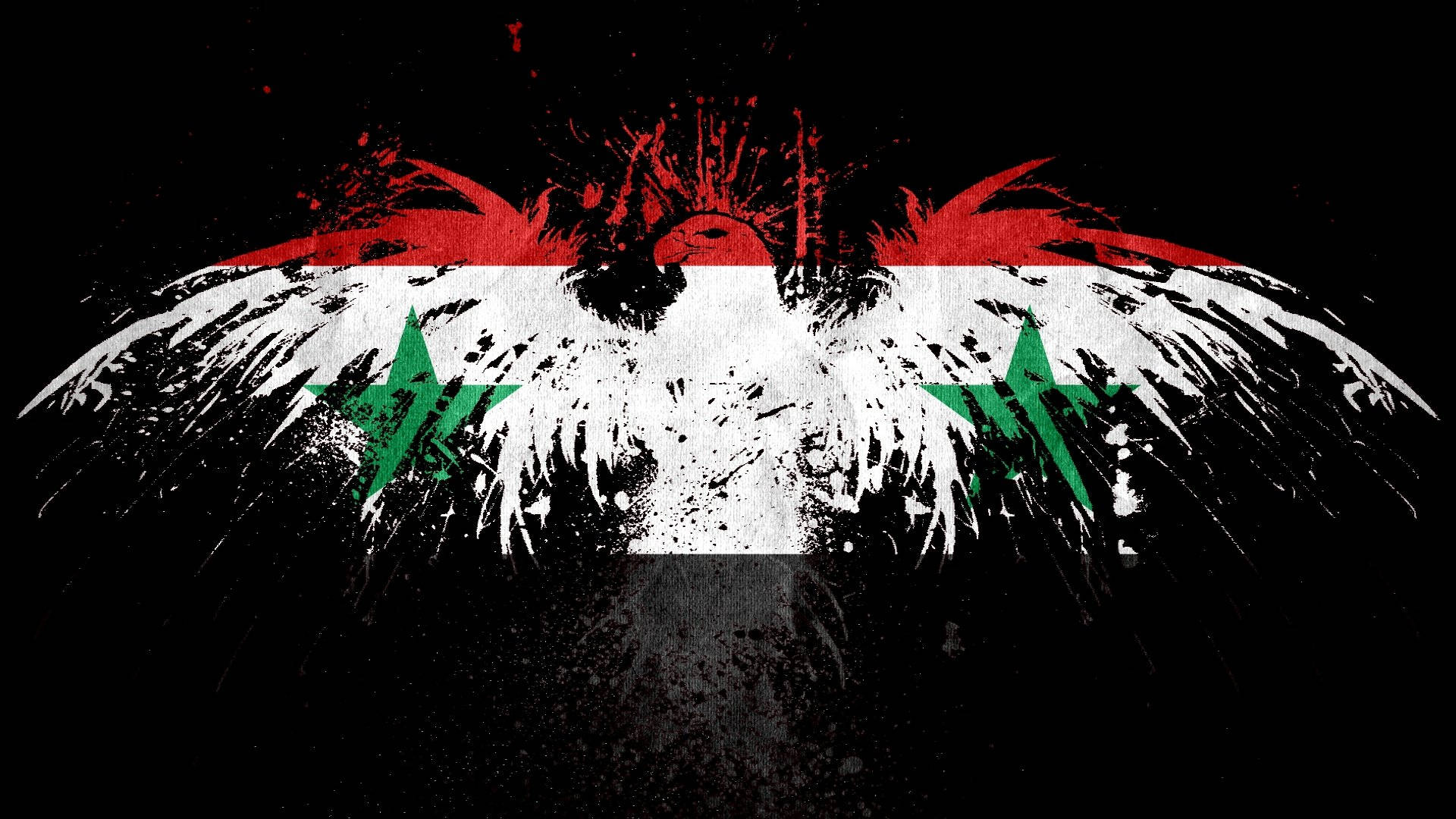 Syria 桌布 壁紙 — 一隻以敘利亞國旗形成翅膀的頹廢風格老鷹，背景為黑色。