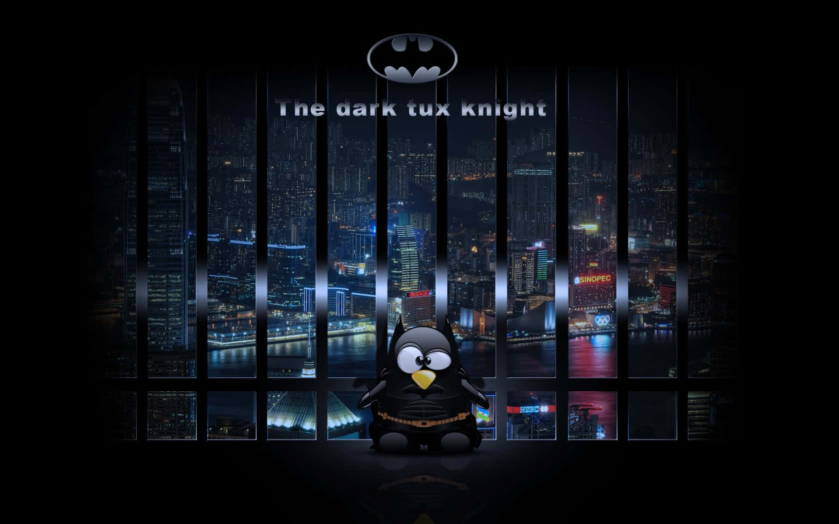 Linux 背景：籠中企鵝眺望城市
