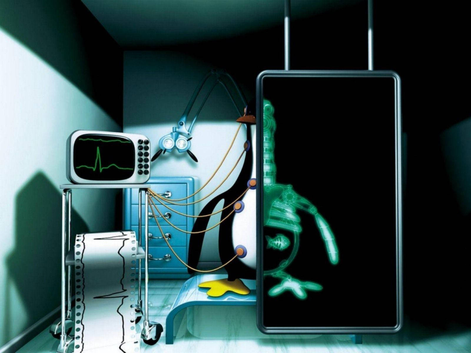 room 桌布 壁紙 — 一隻企鵝病人躺在醫院床上，連接著醫療設備，X光螢幕顯示其發光的骨骼結構。