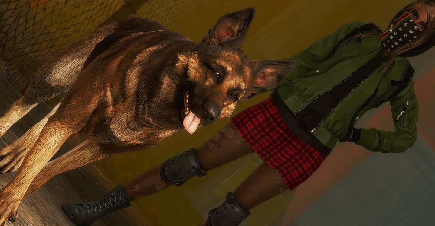 Fallout 4 Dogmeat 桌布 壁紙 — 一隻伸出舌頭的德國牧羊犬站在一個戴著口罩、身穿綠色外套和紅色格子裙的人旁邊。
