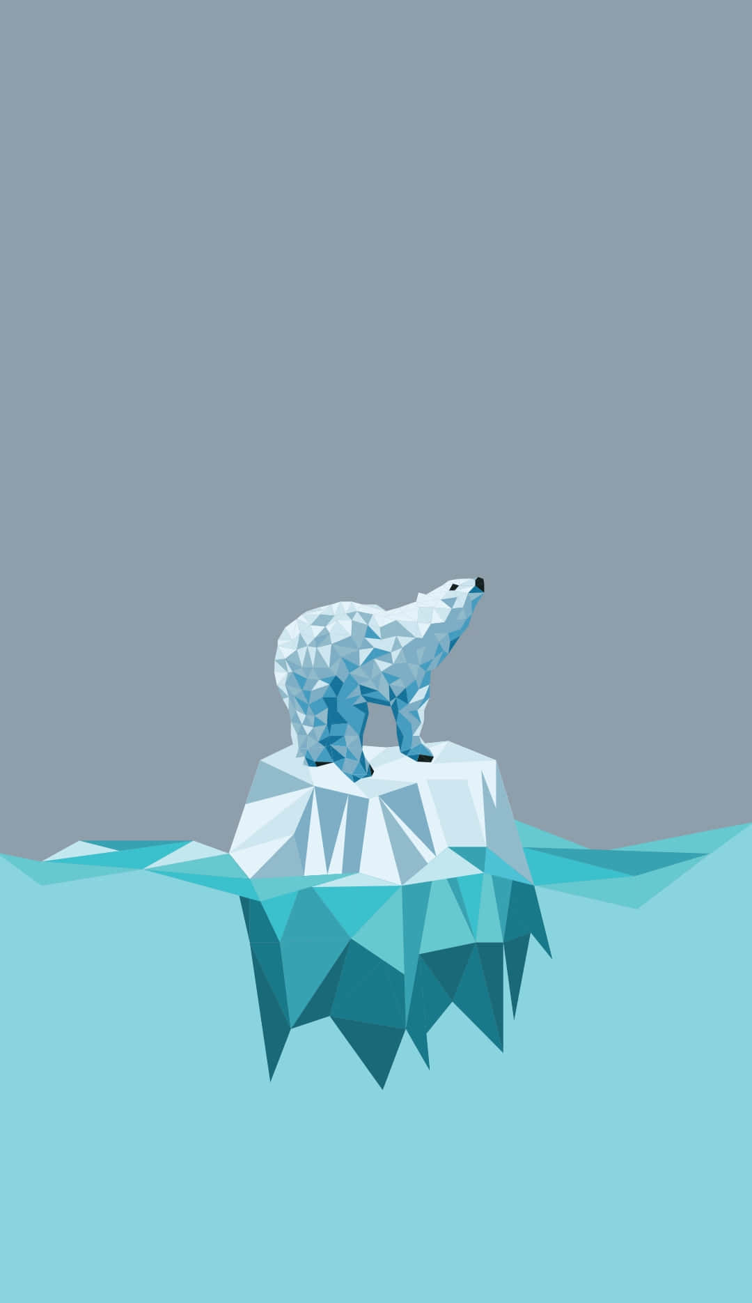 Cartoon Polar Bear 桌布 壁紙 — 一隻低多邊形北極熊站在幾何冰山上，冰山漂浮在平靜的藍綠色海水中，天空是柔和的灰色。