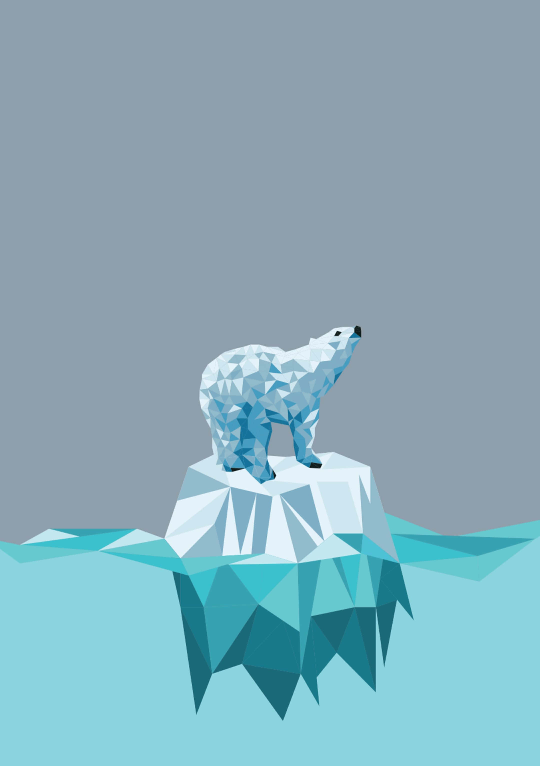 Minimalist Animal 桌布 壁紙 — 一隻低多邊形北極熊站在幾何形狀的冰山上，漂浮在平靜的藍綠色海水中，背景是柔和的灰色天空。