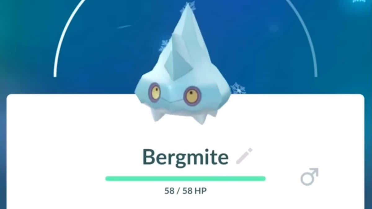 寶可夢 桌布 壁紙 — 一隻低多邊形的冰寶（Bergmite）寶可夢，帶有冰藍色幾何形狀和黃色眼睛，懸浮在漸變藍色背景上的白色狀態卡上方。