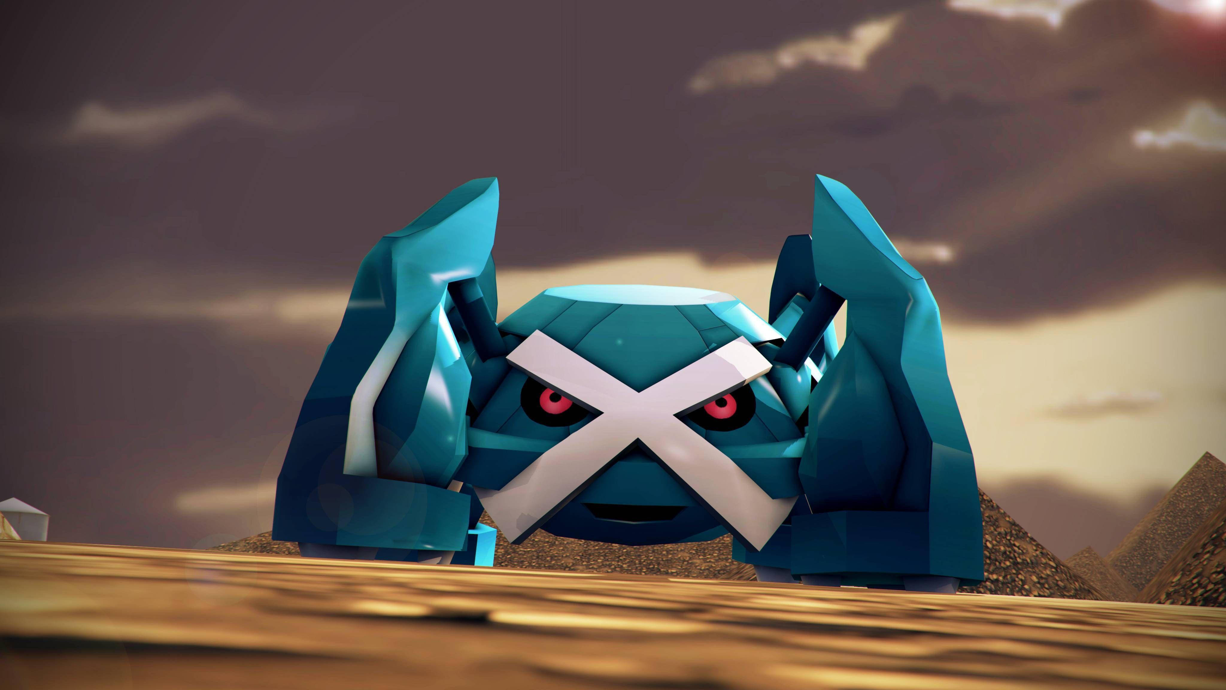 Metagross 桌布 壁紙 — 一隻低多邊形藍色蟹狀生物，有紅色眼睛和白色X標記，在日落時分的沙漠中威嚇地站立。