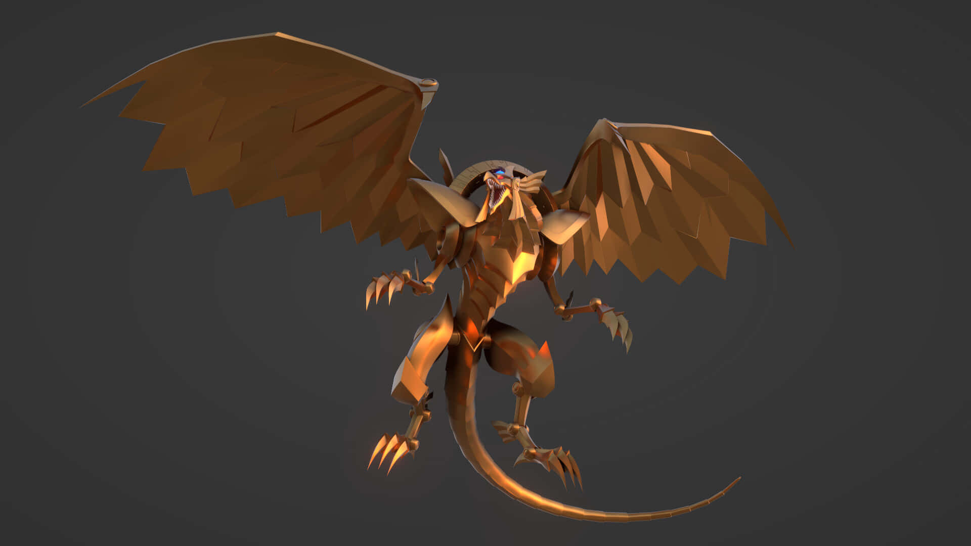 The Winged Dragon Of Ra 桌布 壁紙 — 一隻低多邊形金色龍，擁有發光的眼睛和鋒利的爪子，在深灰色背景上展開翅膀。