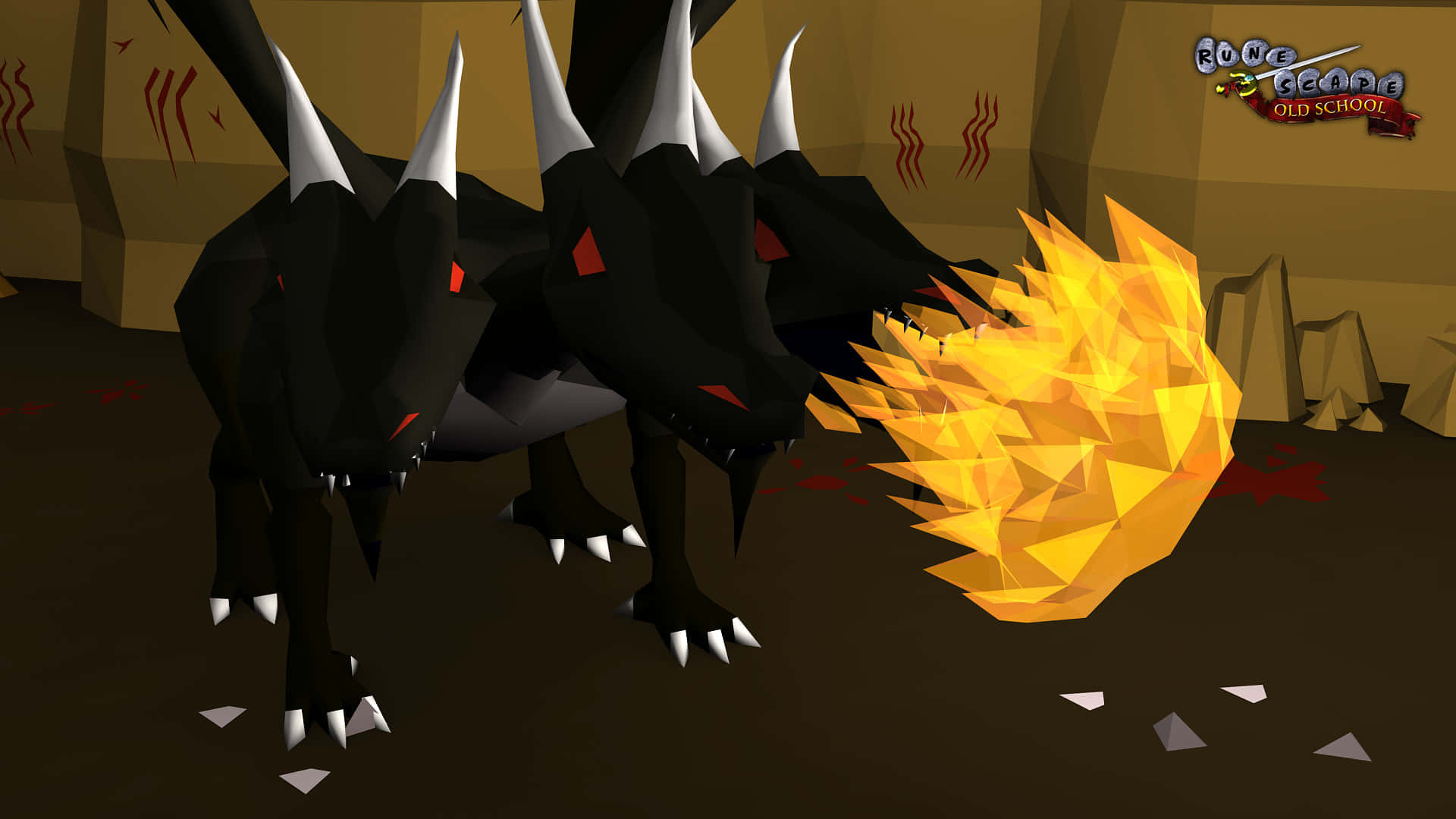 HD Runescape Oldschool 桌布 壁紙 — 一隻低多邊形黑色龍，紅眼睛，在類似地牢的石室中噴出熾熱的橙色火焰。