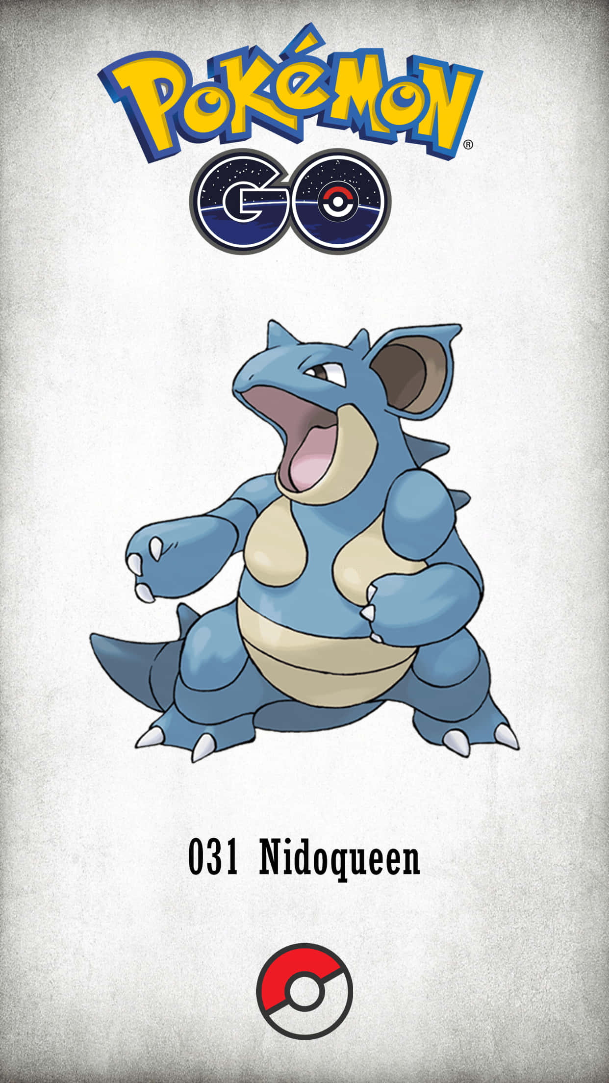 寶可夢 桌布 壁紙 — 一隻來自 Pokémon GO 的藍色和奶油色尼多后，在帶有遊戲標誌的紋理灰色背景上大膽咆哮。