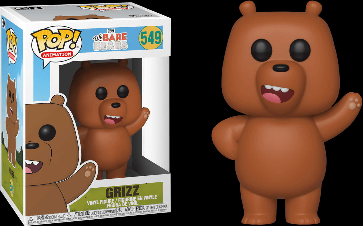熊熊遇見你 桌布 壁紙 — 一隻來自《We Bare Bears》的棕色熊 vinyl 公仔站在其 Funko Pop! 包裝旁邊，背景為黑色。