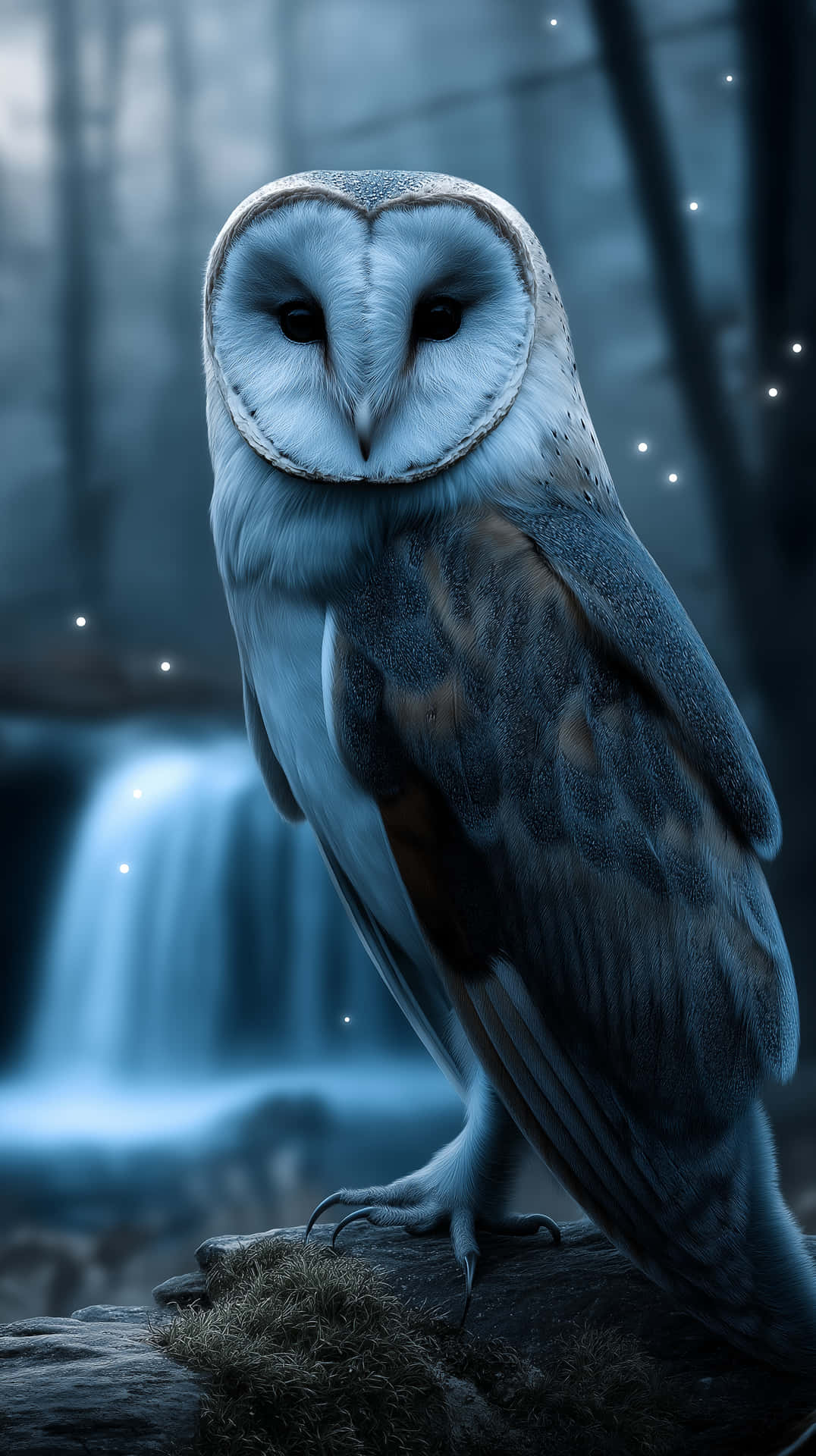 Majestic Barn Owl in Serene Forest with Water Feature 壁紙 — 一隻倉鴞棲息在長滿苔蘚的木頭上，面前是夜間霧氣森林中發光的藍色瀑布。