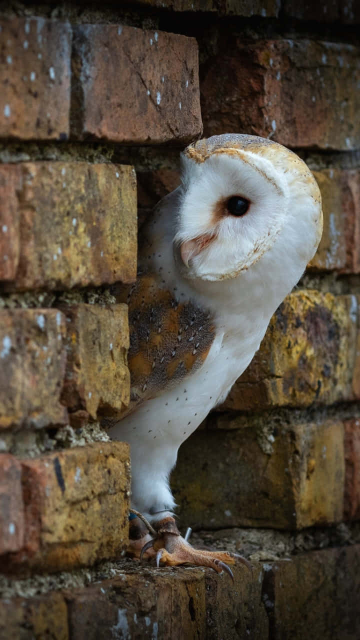 Owl Phone 桌布 壁紙 — 一隻倉鴞警覺地棲息在風化的磚牆上，擁有柔軟的白色羽毛和褐色斑點翅膀。