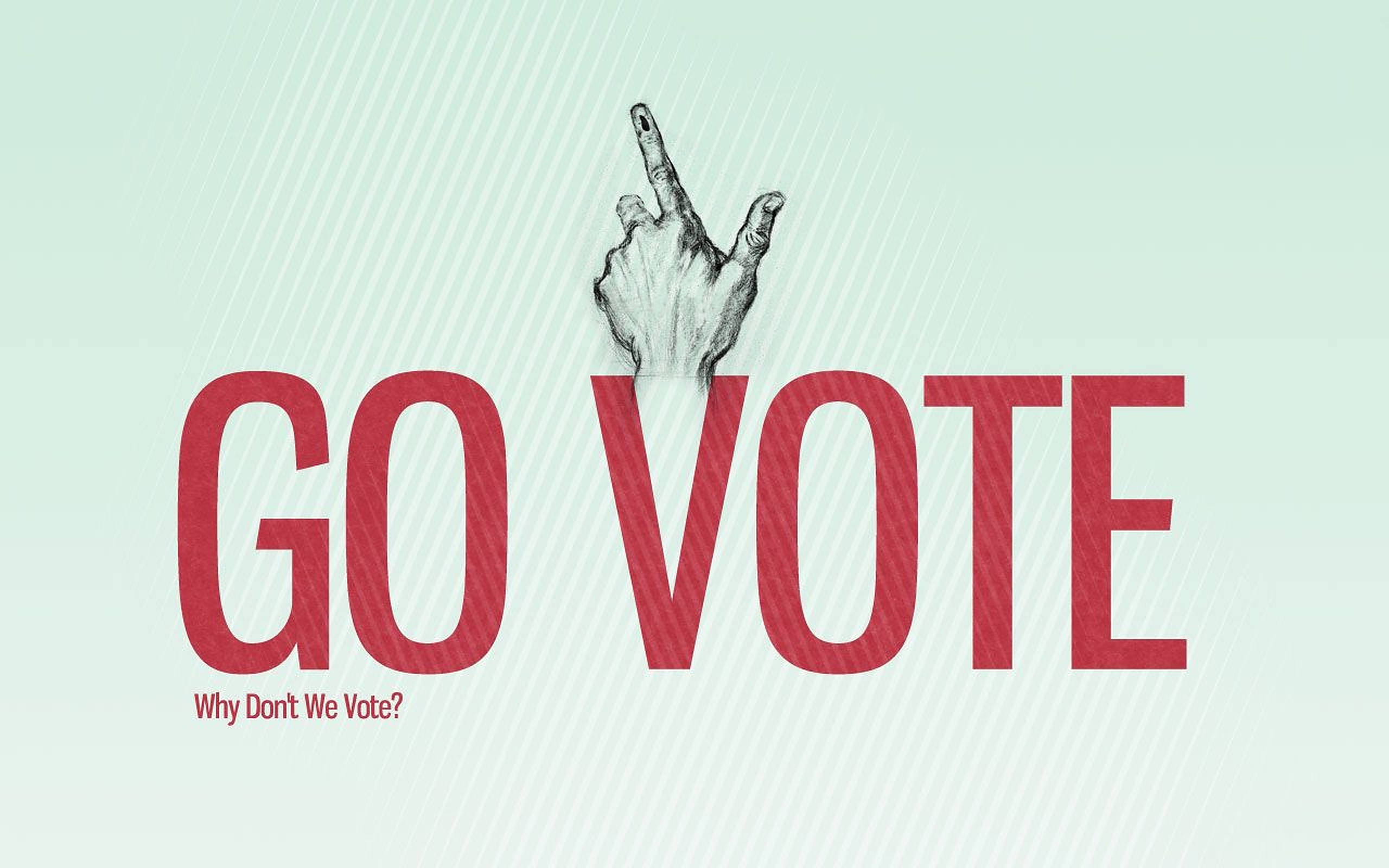 Election 桌布 壁紙 — 一隻做出挑釁手勢的手從淡綠色背景上粗體紅色字母的「VOTE」一詞中浮現。