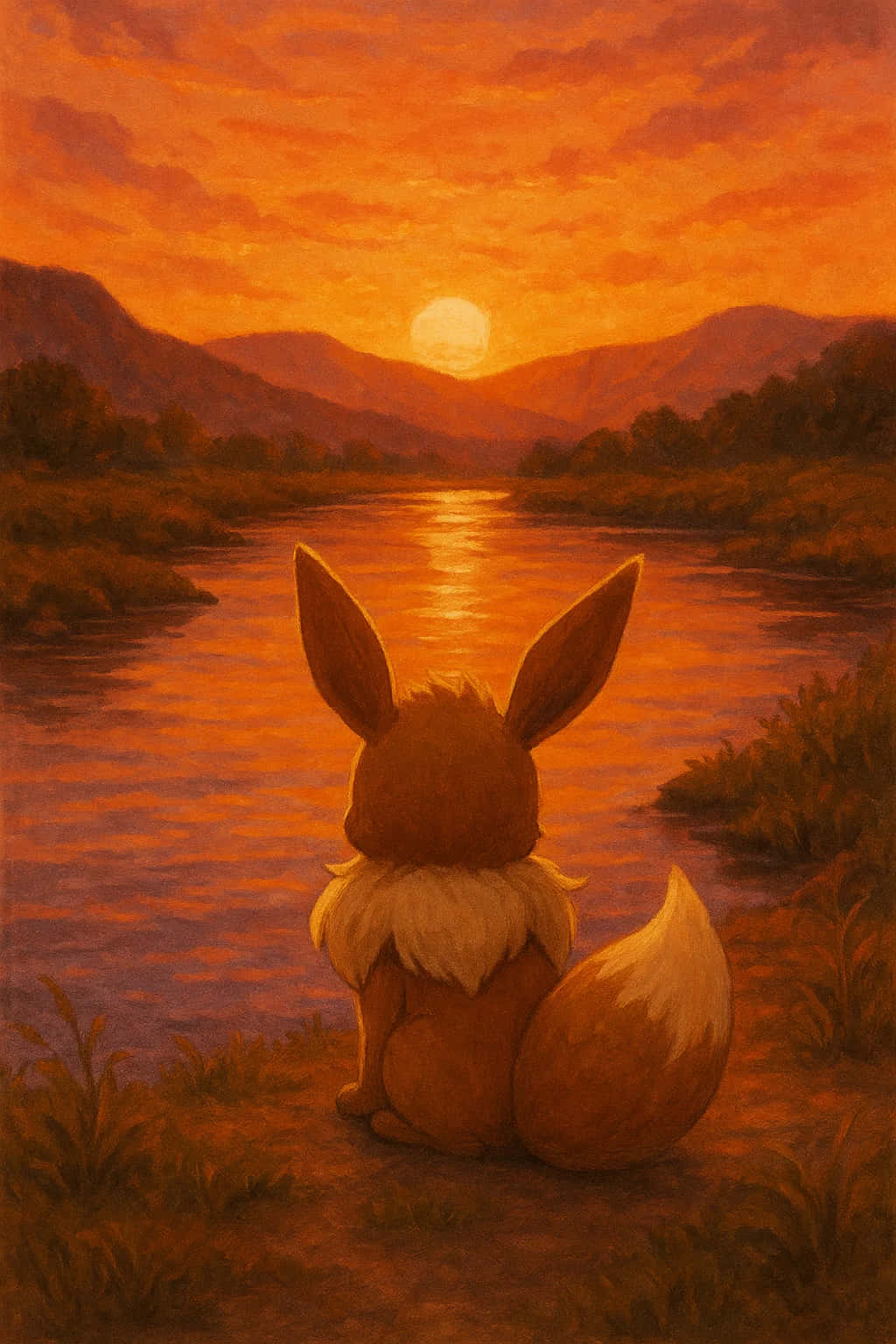 Eevee Wallpaper Pokemon 4K WEBP HD Download 壁紙 — 一隻像狐狸的生物坐在河邊，在日落時分看著發光的太陽沉入遠山之後。
