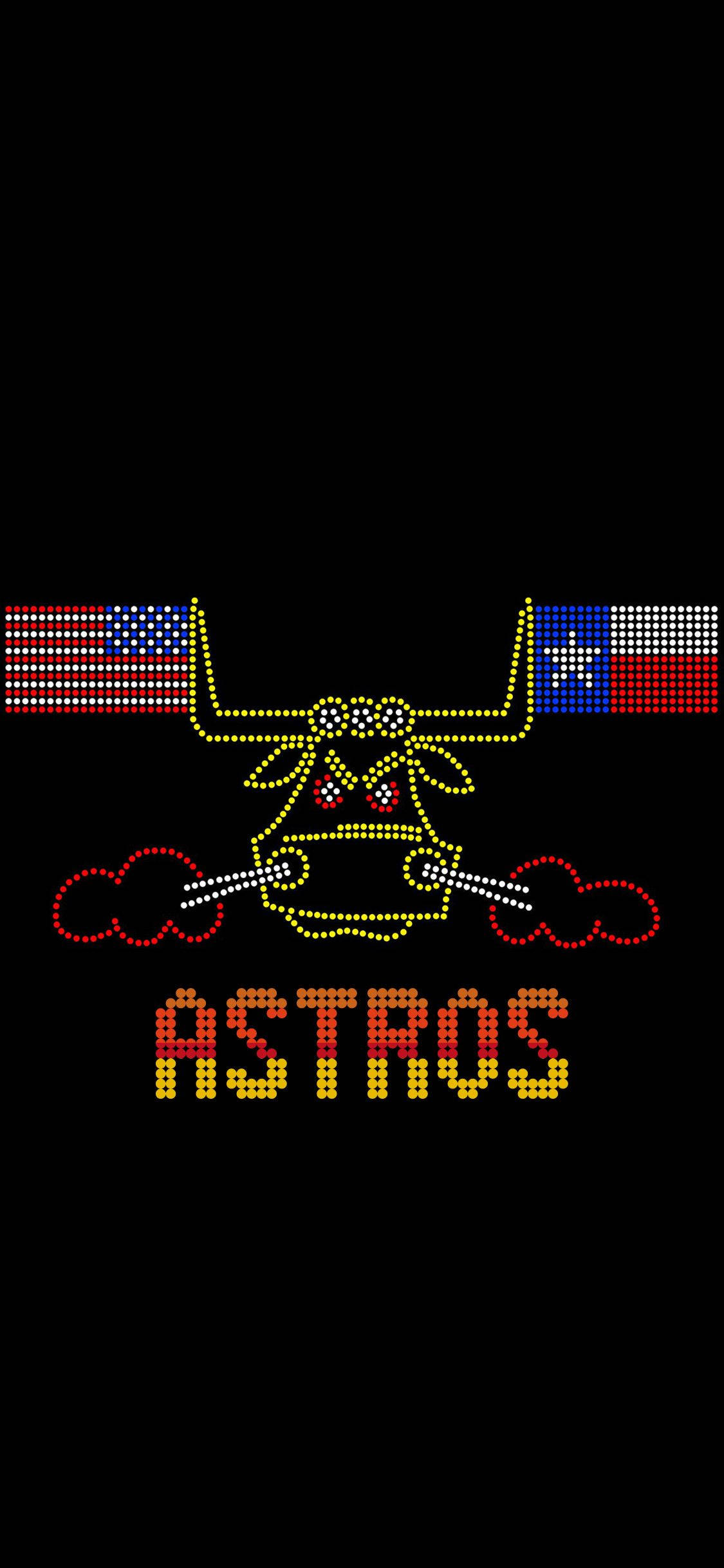 Astros 桌布 壁紙 — 一隻像素化、紅眼的公牛在黑色背景上，於發光點組成的「ASTROS」字樣上方高舉美國和德克薩斯州旗幟。