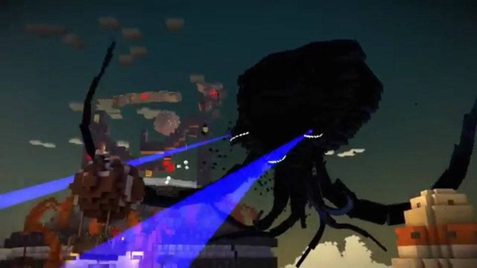 Wither 桌布 壁紙 — 一隻像素化巨型魷魚在黑暗天空下，向方塊狀城市景觀釋放藍色光束。
