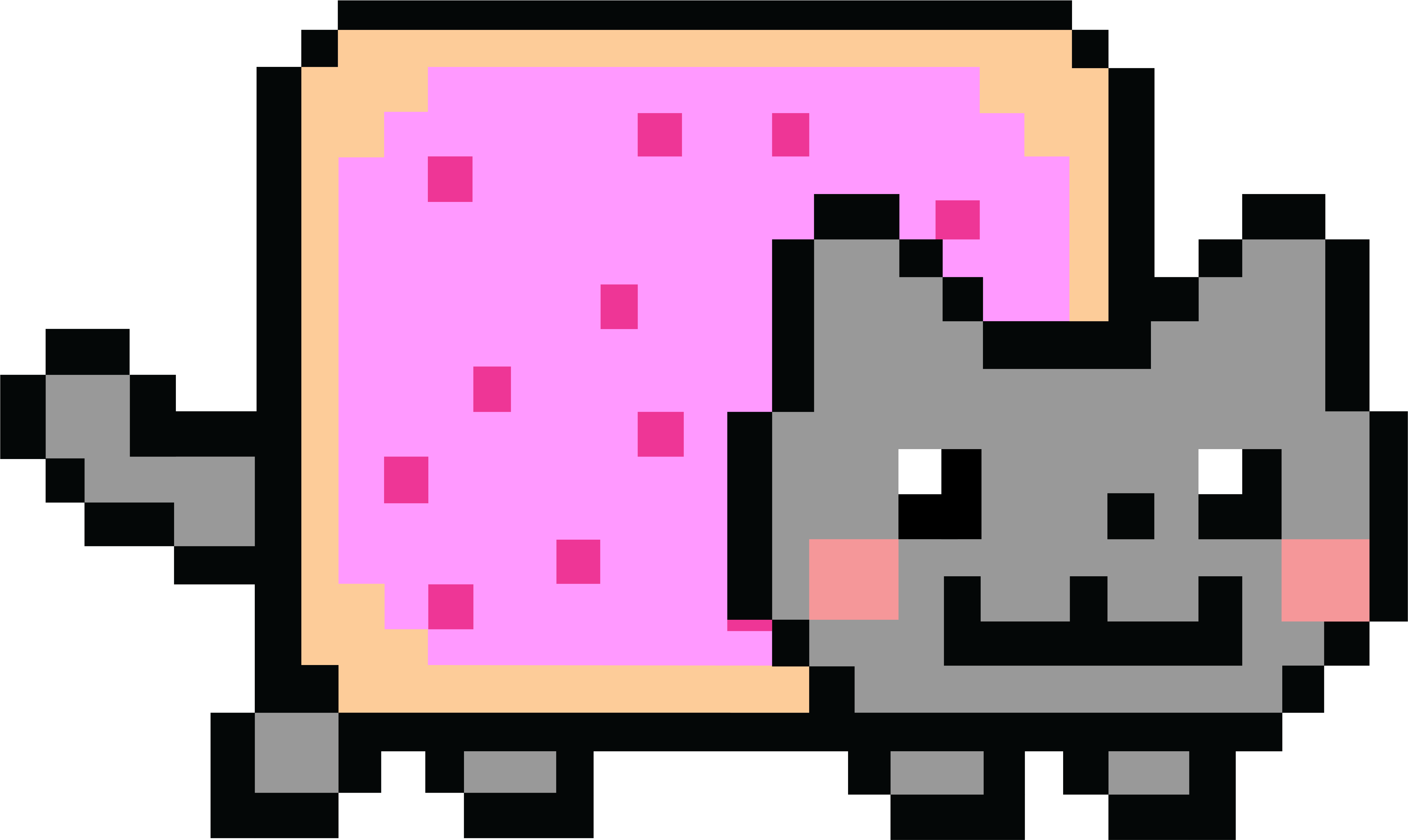 Nyan Cat 桌布 壁紙 — 一隻像素化灰貓在黑色背景上高興地拿著一個有糖霜和彩針的粉紅色糖霜甜甜圈。