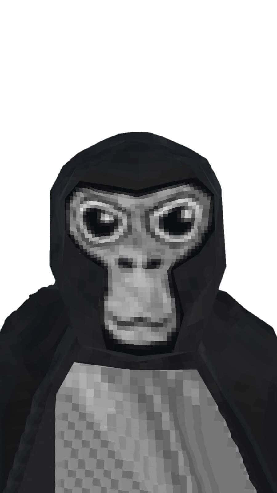 Gorilla Tag 桌布 壁紙 — 一隻像素化灰階猴子穿著黑色連帽斗篷，在純白背景前直視前方。
