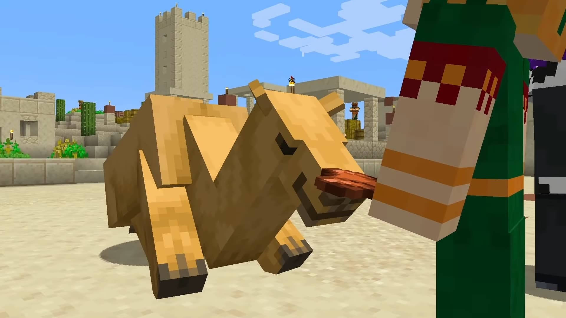 高清 桌布 壁紙 — 一隻像素化的Minecraft牛在沙漠村莊中，在晴朗的藍天下從玩家手中吃東西。