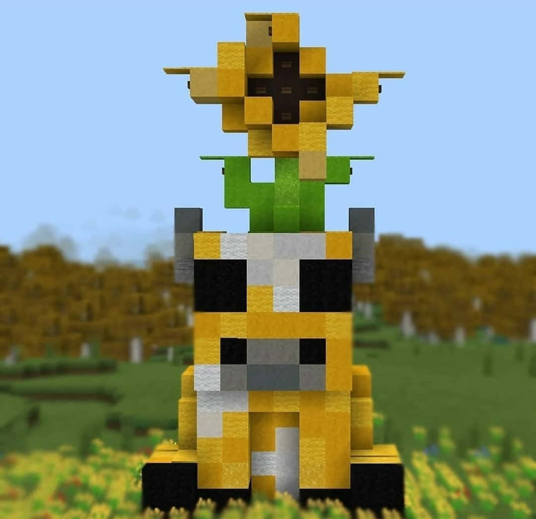Minecraft Cow 桌布 壁紙 — 一隻像素化的Minecraft牛，頭上頂著一朵向日葵，站在晴朗藍天下的草地上。