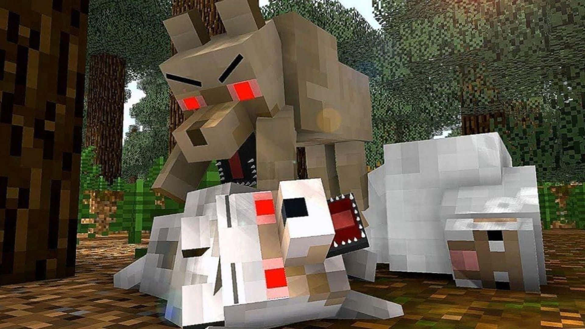 Minecraft Wolf 桌布 壁紙 — 一隻像素化的Minecraft狼，發光的紅色眼睛，在有方塊樹和草的森林中攻擊一隻羊。