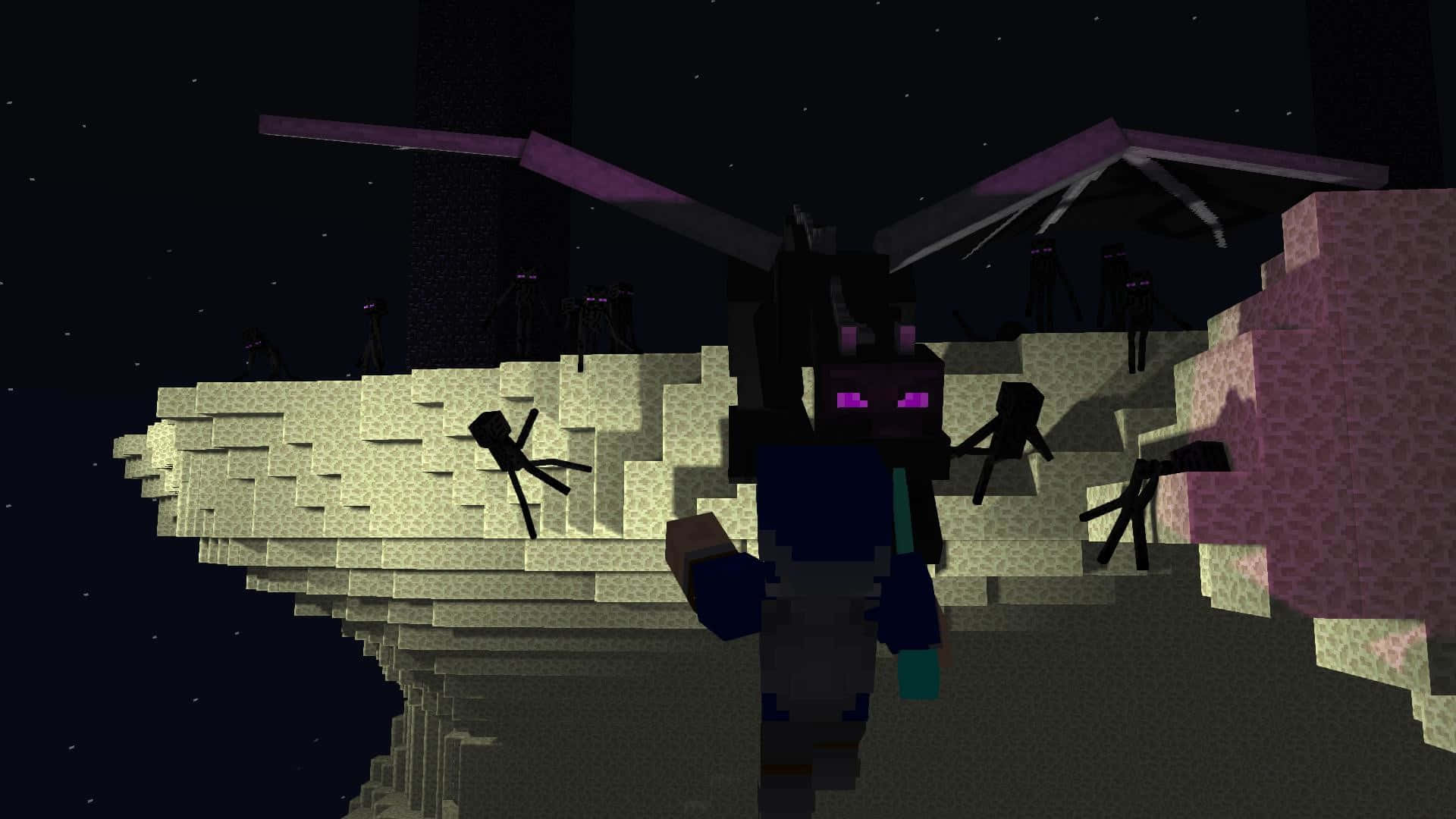 Ender Dragon 桌布 壁紙 — 一隻像素化的Minecraft終界龍棲息在浮空島上，星空夜幕下，附近有終界使者。