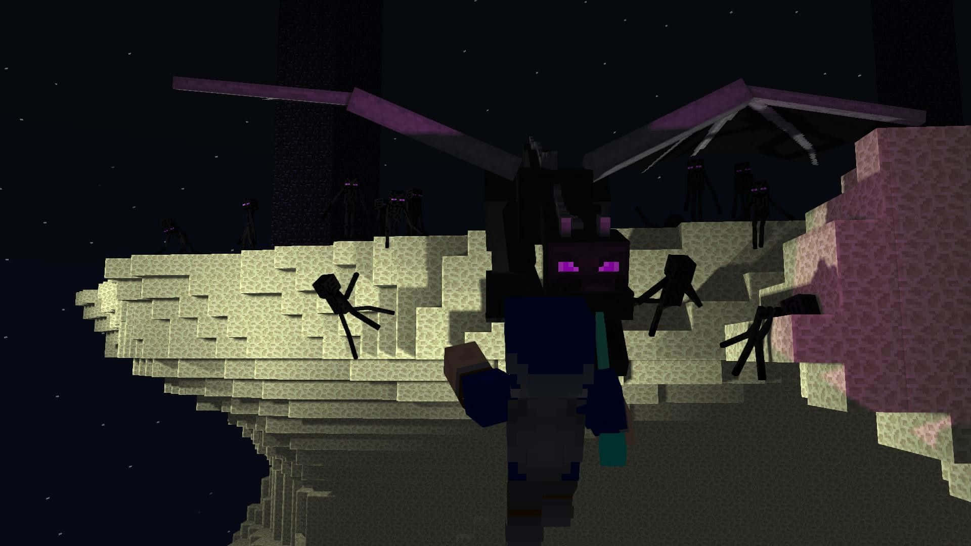 Minecraft Aesthetic 桌布 壁紙 — 一隻像素化的Minecraft終界龍棲息在浮空島上，星空夜幕下，附近有蜘蛛。