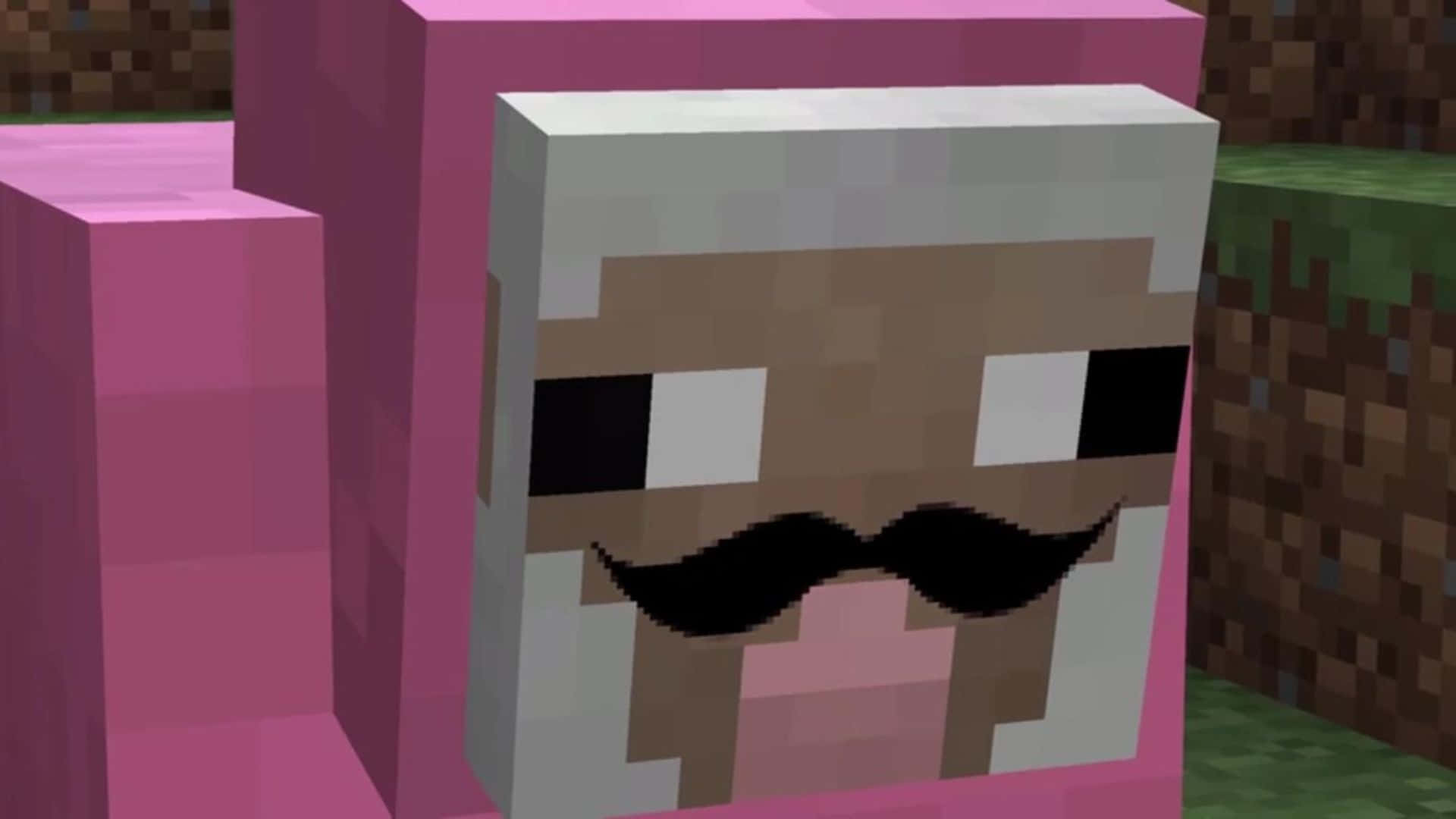 Minecraft Sheep 桌布 壁紙 — 一隻像素化的Minecraft羊，有黑色鬍鬚和粉紅色羊毛，站在方塊狀的草地上。