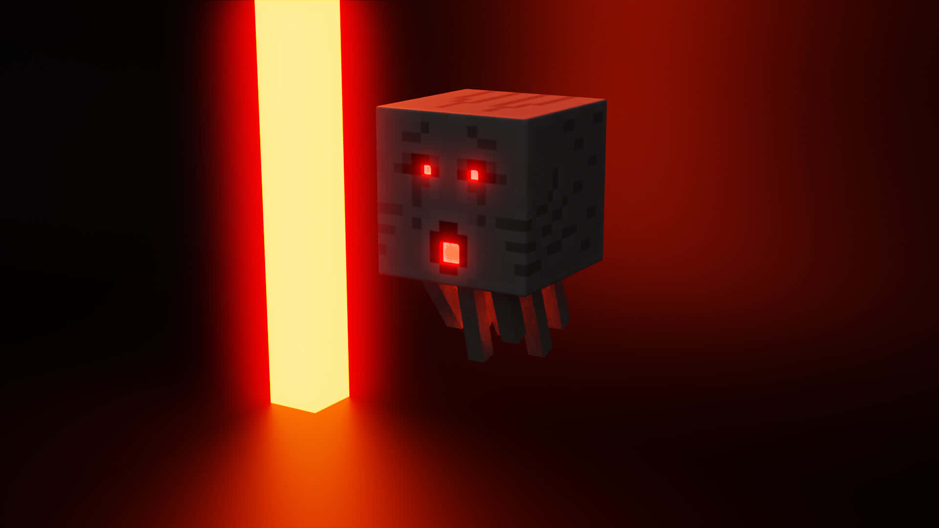 Minecraft Redstone 桌布 壁紙 — 一隻像素化的Minecraft蜘蛛，有著發光的紅色眼睛和嘴巴，站在一個被垂直紅黃光束照亮的黑暗房間裡。