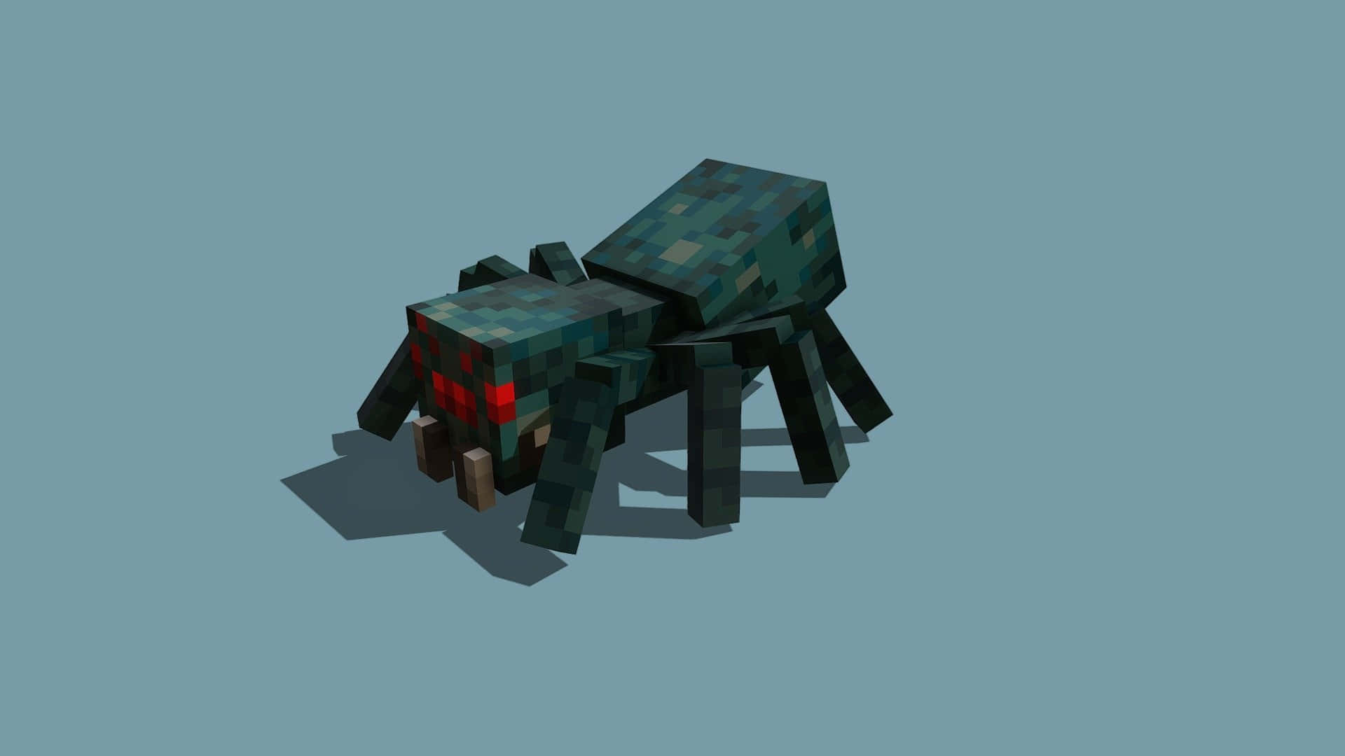 Minecraft Spider 桌布 壁紙 — 一隻像素化的Minecraft蜘蛛，帶有發光的紅色眼睛，站在純青色背景前。