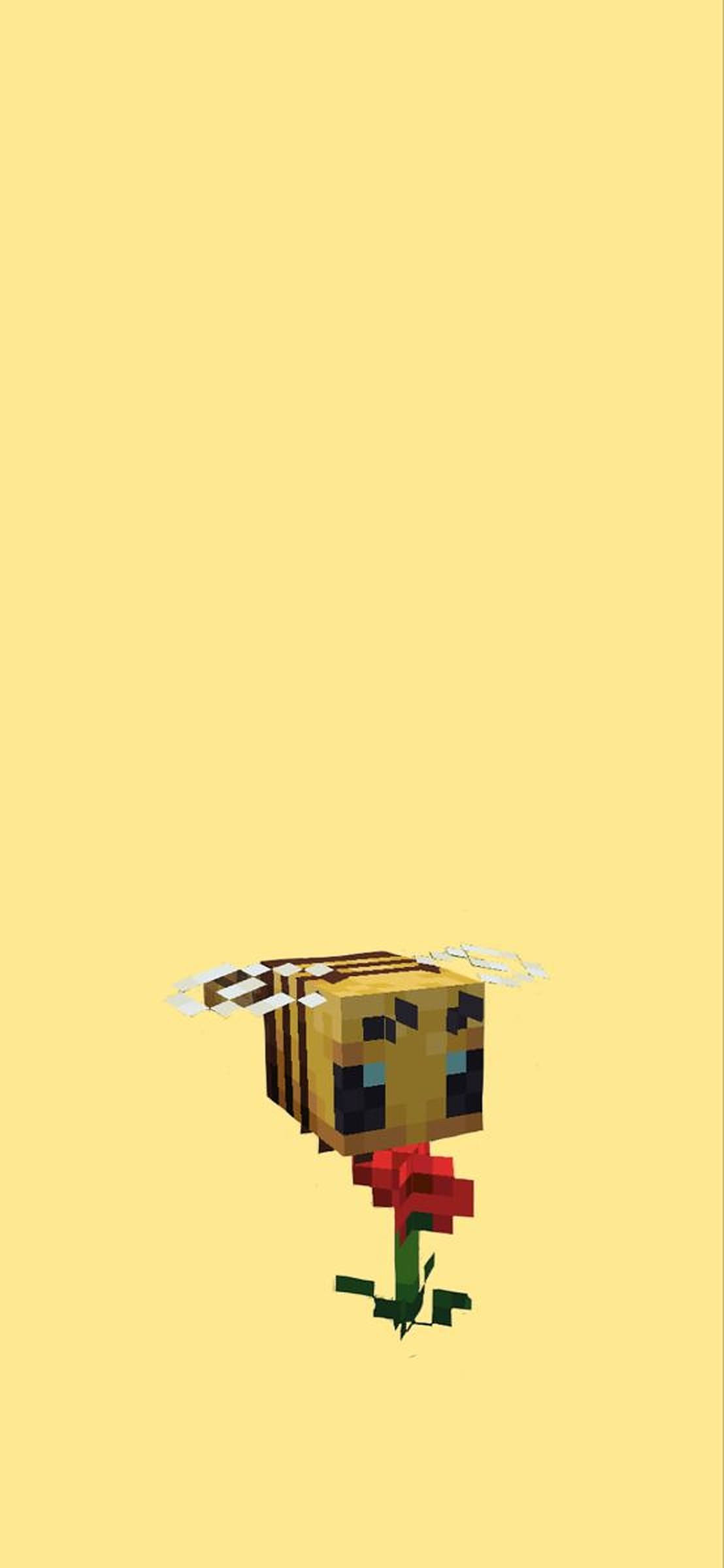 我的世界 蜜蜂 桌布 壁紙 — 一隻像素化的Minecraft蜜蜂在純淡黃色背景上盤旋於一朵紅花之上。