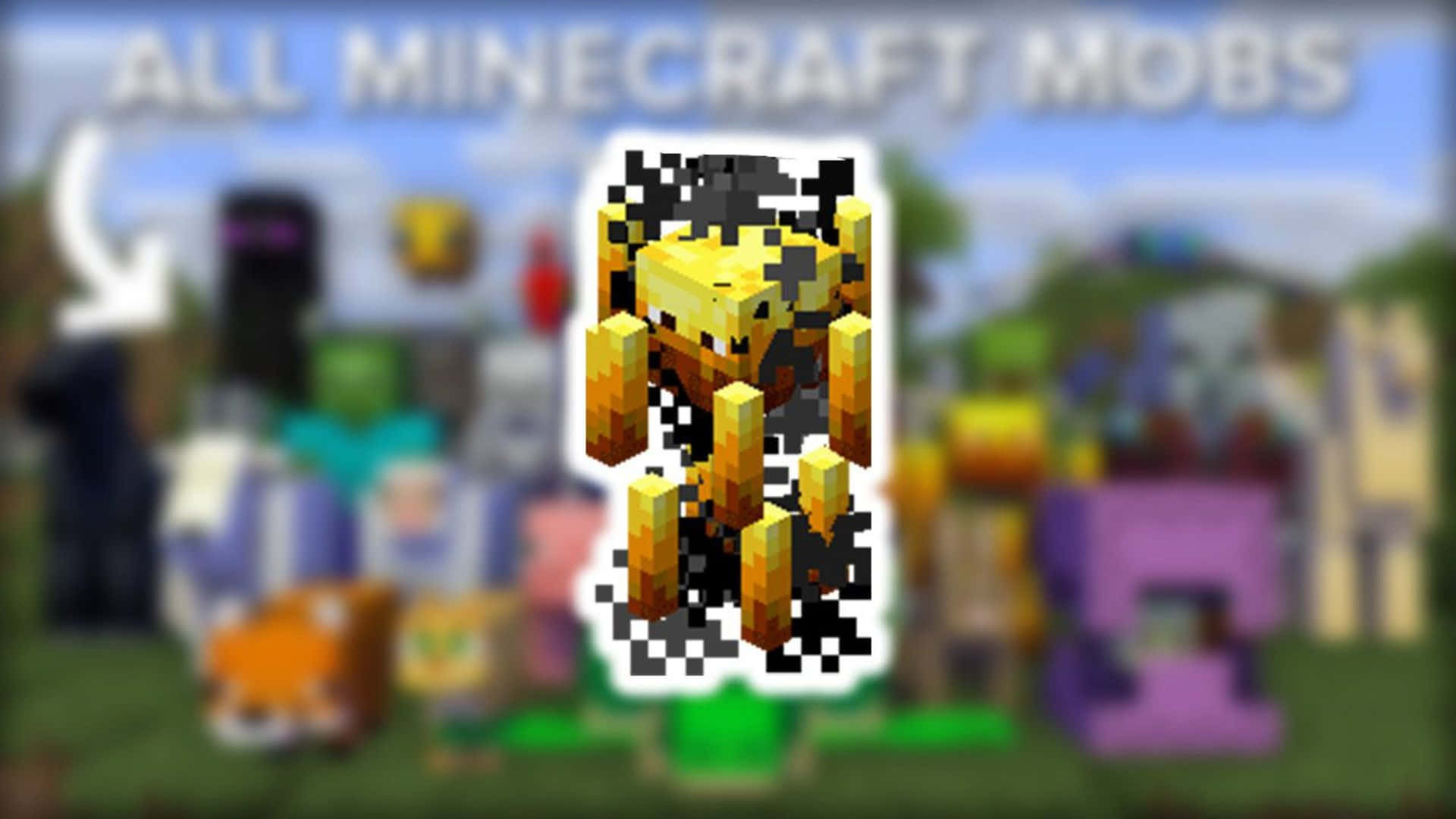Minecraft Blaze 桌布 壁紙 — 一隻像素化的Minecraft蜜蜂在模糊的其他遊戲生物背景前清晰對焦。