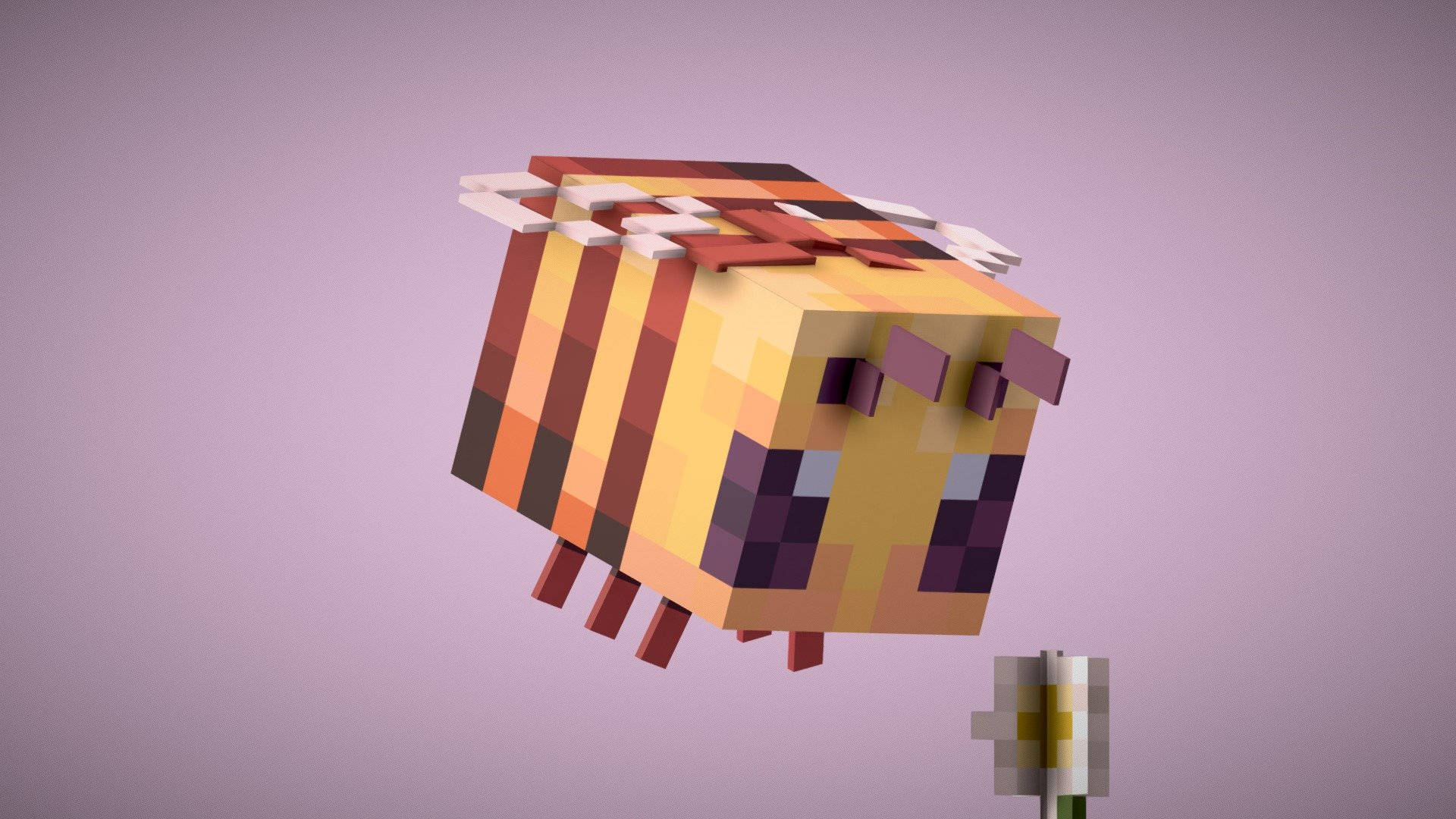 我的世界 蜜蜂 桌布 壁紙 — 一隻像素化的Minecraft蜜蜂在柔和的薰衣草背景上靠近一朵花盤旋。